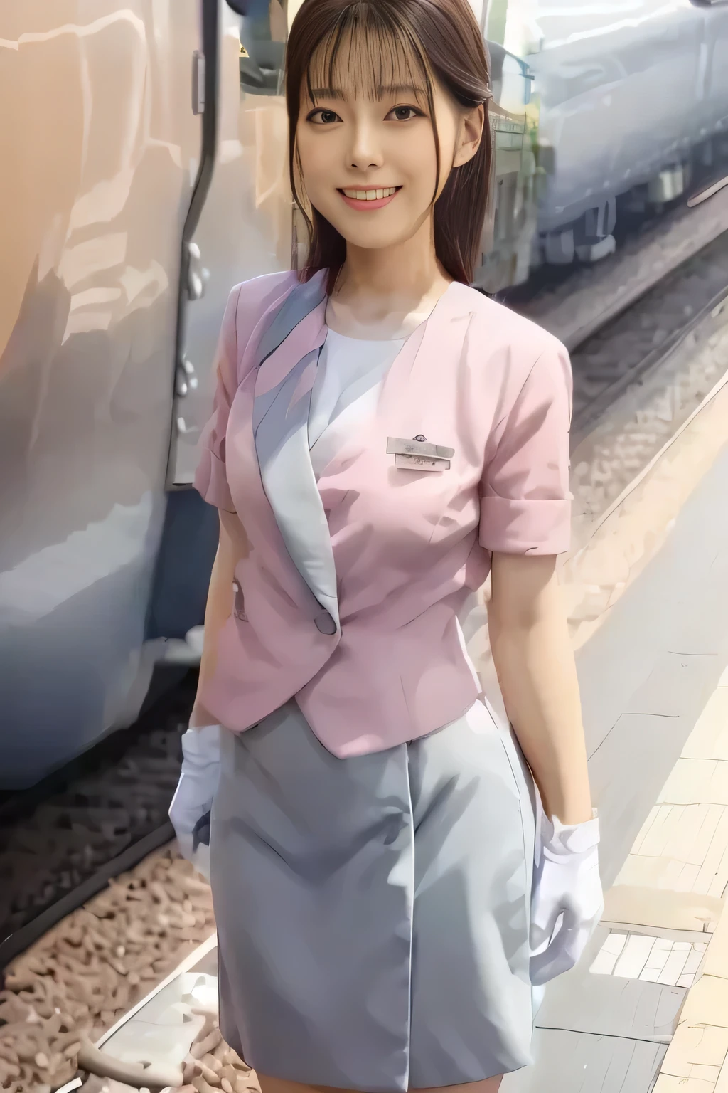 (Masterpiece:1.2, best quality :1.2), 32kHDR, there's nothing there, (Alone、 1 girl)、( daytime building rooftop 、 professional lights )、 against the roof of a building 、( Nankai train crew uniform pinkのリアルスタイル )、(( Nankai train crew uniform pink short sleeve jacket ))、((Nankai train crew uniform pink short sleeve collarless blouse ))、((Nankai train crew uniform pinkのグレーのラップキュロットスカート))、 dark brown hair 、( hair gathered、 hair bang、 hair bang)、 dark brown hair 、 long hit 、 Big Breasts、Thin legs、(( Amazing hands :2.0)),(( harmonious body proportions :1.5)),((Normal limbs:2.0)),((The usual :2.0)),(( Delicate eyes full of determination :2.0)),((Normal eyes:2.0)))、smile 、Hands crossed underneath