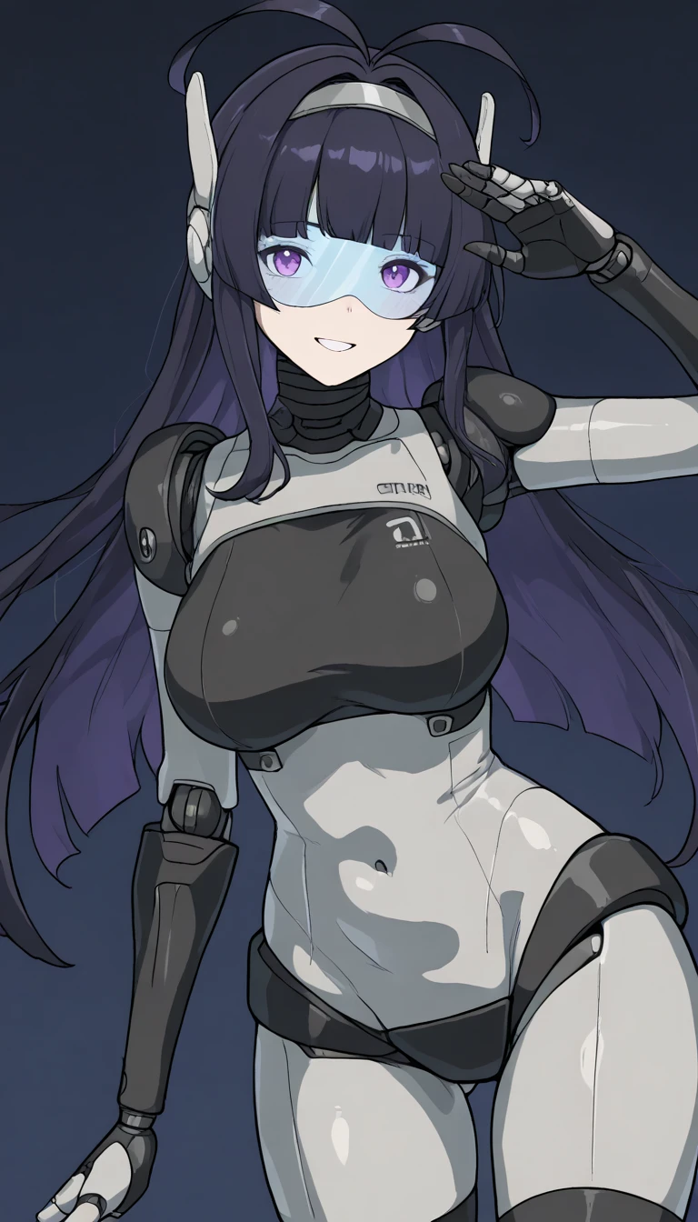 masterpiece, best quality, extremely detailed, (8K, 4K, Best Quality, hight resolution, 超A high resolution:1.1), ,8k portrait, Japaese android Girl,Plump , dark black leg cover,announcer,control panels,android,Droid,Mechanical Hand, Robot arms and legs, Black Robot Parts,purple long hair,Mechanical body,Blunt bangs,perfect mechanical abdomen,black robotics parts,perfect robot woman,future laboratory,cyber pank,charging spot,laboratory,long tube,thick cable connected her neck,black ceramic body ,perfect mechanical body, black robot body,lod antenna,mechanical ear cover,android,robot humanoid,black sponge joints,The removable cover is in the groin,The connection port is in the groin,opened chest panel,access panel on the chest,opened breast panel,perfect mechanical breast,perfect black machine body,perfect black android body,She has repaired,assembly plant,no human skin,visor,mistyrobot,,smile,spread arm,robot joint,doll joint,robotization,mecha musme,robot transformation,dress,android,fellatio,yuri,lesbian,raiden shogun(genshin impact)