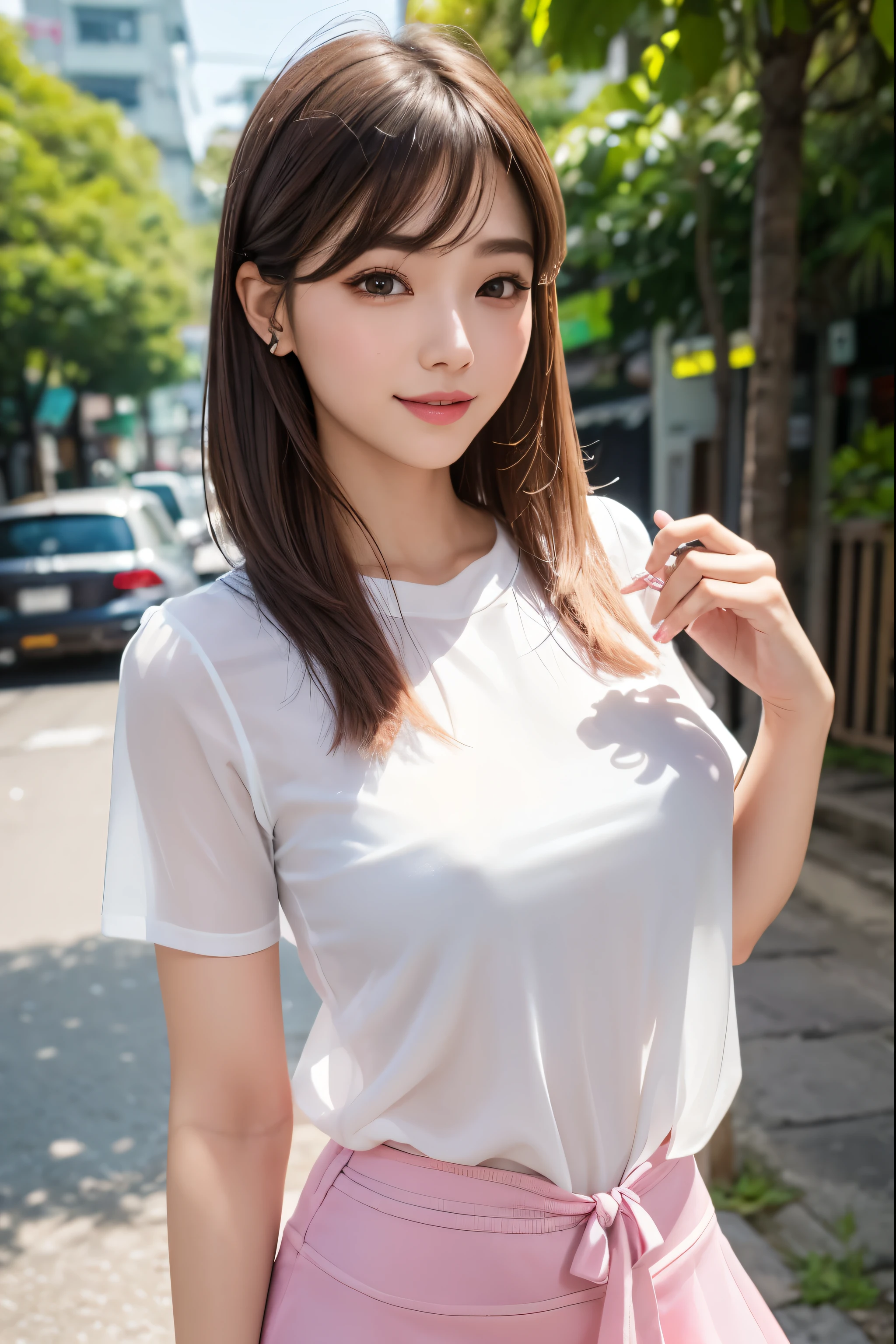Tabletop, Highest quality, shape, Very detailed, High resolution, 8k wallpaper, Perfect dynamic composition, One Japanese woman,Beautiful and beautiful eyes, Cute eyes,Large Breasts,Leaning forward,Natural Lip, white T-shirt,(see-through nipples:1.1),denim skirt,bustling street,Very fine grain definition,(Round face),beautiful girl,,Realistic,Tiny bangs,Droopy eyes,A kind smile,Brown Hair,Aligned teeth,Big eyes