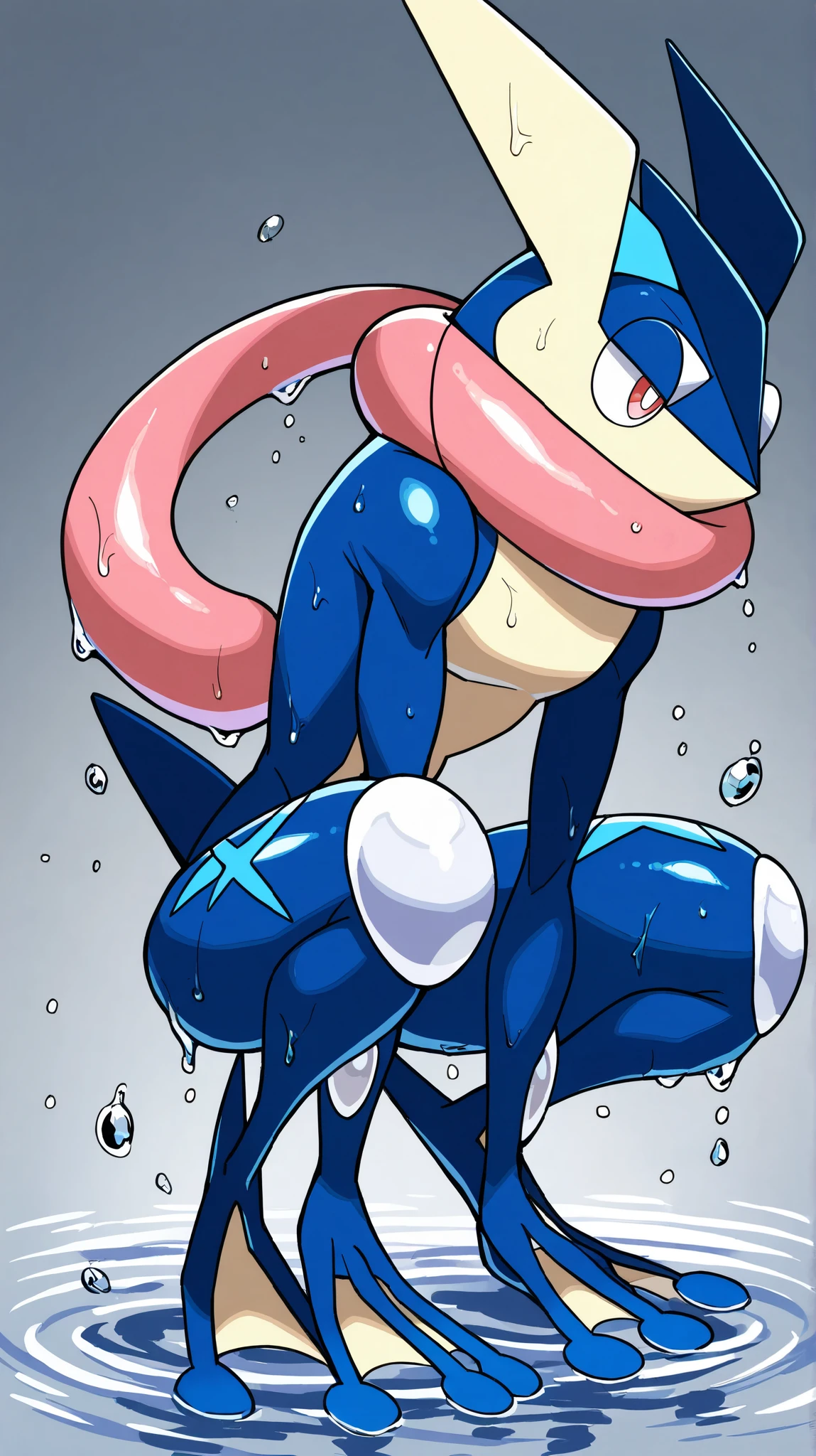Greninja male (pokemon), roca, language, white pupils , long language, Ojos rojos, shiny skin , squatting, looking at the spectator , arm support , Water, wet, Alone, gray background, fondo degradado , full body , pokemon (creature), bright pupils, hairy, hands with membranes , language out, Ripples, Water drop male greninja, legs open