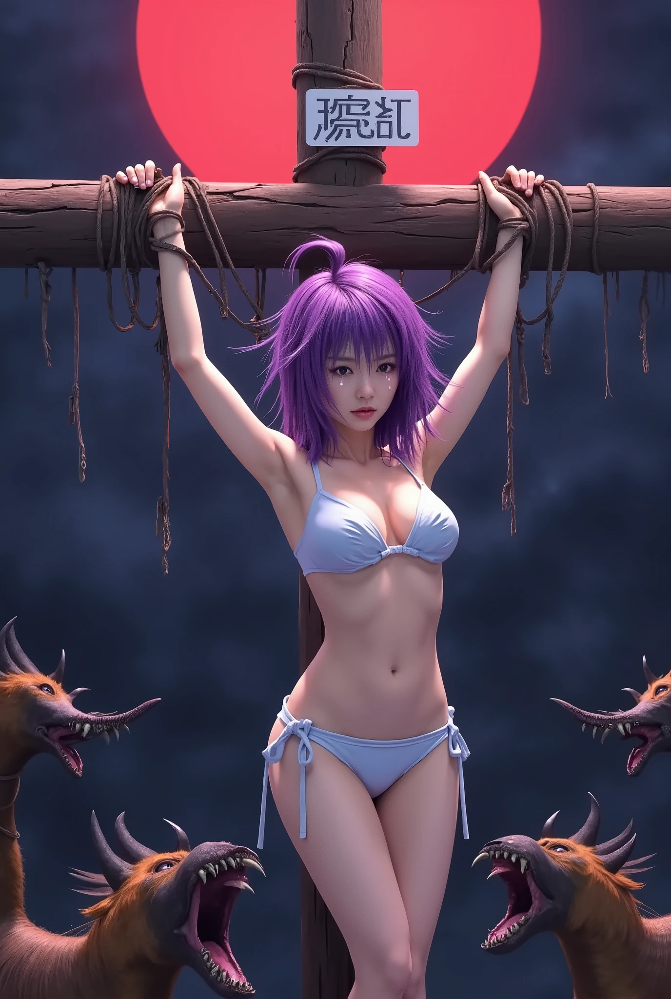   top quality 、nsfw、bondage、humiliation、Second Dimension、 Japanese woman in slightly realistic anime style   、Main female、torture、   crucified woman 、    erotic   、 cross 、ロープで cross に手首を縛られる、    slave、limit、bondage、 captured by zombies    、  Surrounded by ferocious and terrifying monsters     、   beautiful woman with very long bright purple hair  （    messy hair）、    sad face ( Feeling defeated、 Tears overflow、 look down、   Please open your eyes a moment. )、（ white bikini armor ）  expression full of fear    、   It has been attacked by many horrible zombies  、Horde of monsters 1 :5、  Midnight、Black Sun 、Red Sky、 Different Worlds        、   dungeon 、dark fantasy、Pitch Black Hell