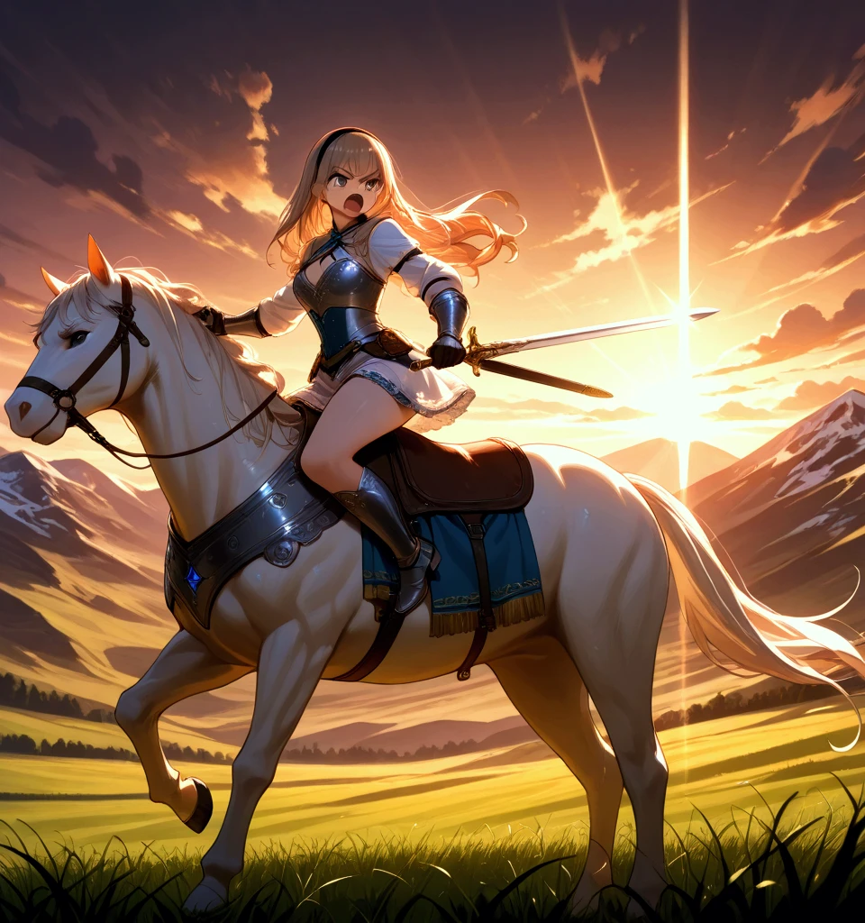 (masterpiece:1.3), (8K, best quality:1.3), Highest image quality, intricate details, high resolution, depth field, Natural light, professional lighting, BREAK, riding, horse, (((a young woman wearing in adventurer clothes charging into battlefield white riding a horse)), ([long hair, brunette hair, sidelocks, hairband, cleavage, medium breast, grit teeth, angry]), (dress, miniskirt, breastplate, cleavage, gauntlet, gloves, bare legs, greaves)), BREAK, ([white horse, saddle, reins, bridle, running, open mouth]), solo, (in the grassland, mountainside, fantasy settings:1), one hand holding rein, one hand holding a sword, from side: 1, anatomically correct 