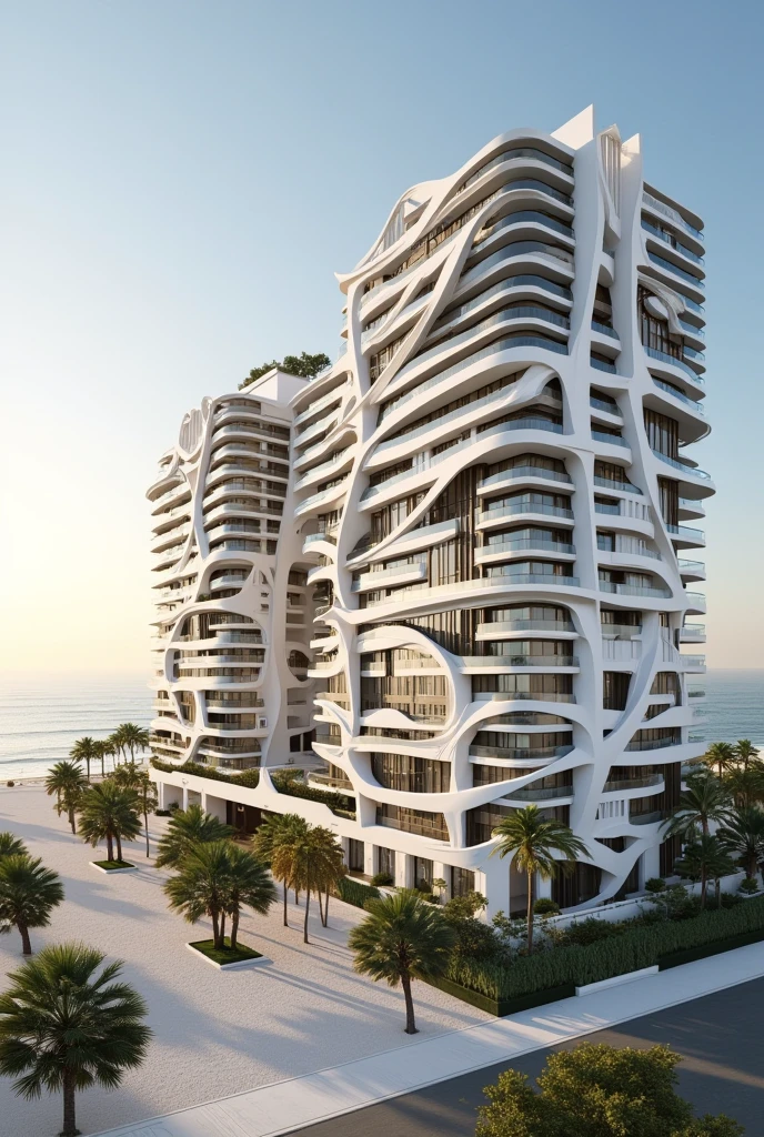 (((Create a building has 25 storeys,Modent style luxury condotel))), ((beachfront)) seaview, (The white wavy structure), coconut trees, in the beach city, (beachfront), sea, seaview, clear sky, sunset time, warm lighting RAW Photo, RAW texture, Super Realistic, 32K UHD, DSLR, high quality, film rating, Fujifilm XT3, The golden-hour sunlight bathes the facades of the buildings, creating soft reflections on the glass balconies. The roofs of both structures are landscaped with greenery, enhancing the harmony between nature and modern architecture. The perspective captures the ocean-facing view from the buildings, with the wide sandy beach and the tranquil ocean extending out, ((neo classic)),building, sky, road,tree, golden hour,, architecture photography, striking structures, clean lines, geometric shapes, dramatic angles, play of light and shadow, capturing architectural details, showcasing design elements, evoking mood, professional lighting, precise compositions, emphasizing scale and proportion, creating depth, architectural storytelling, capturing iconic landmarks, immersive experience,Masterpiece,,((Gothic style)), high quality, best quality, authentic, super detail, outdoors, master plan, Sustainable beach resort master plan looking from a beach, nice sky, cloud, with beautiful beach, and integration with the surrounding marine environment, sea in the front and high rise buildings in the back, and well-designed recreational areas, (daylight:1.1), white structure frame, coconut trees, in the beach city,clear sky, sunset time, warm lighting RAW Photo, RAW texture, Super Realistic, 32K UHD, DSLR, soft lighting, high quality, film rating, Fujifilm XT3