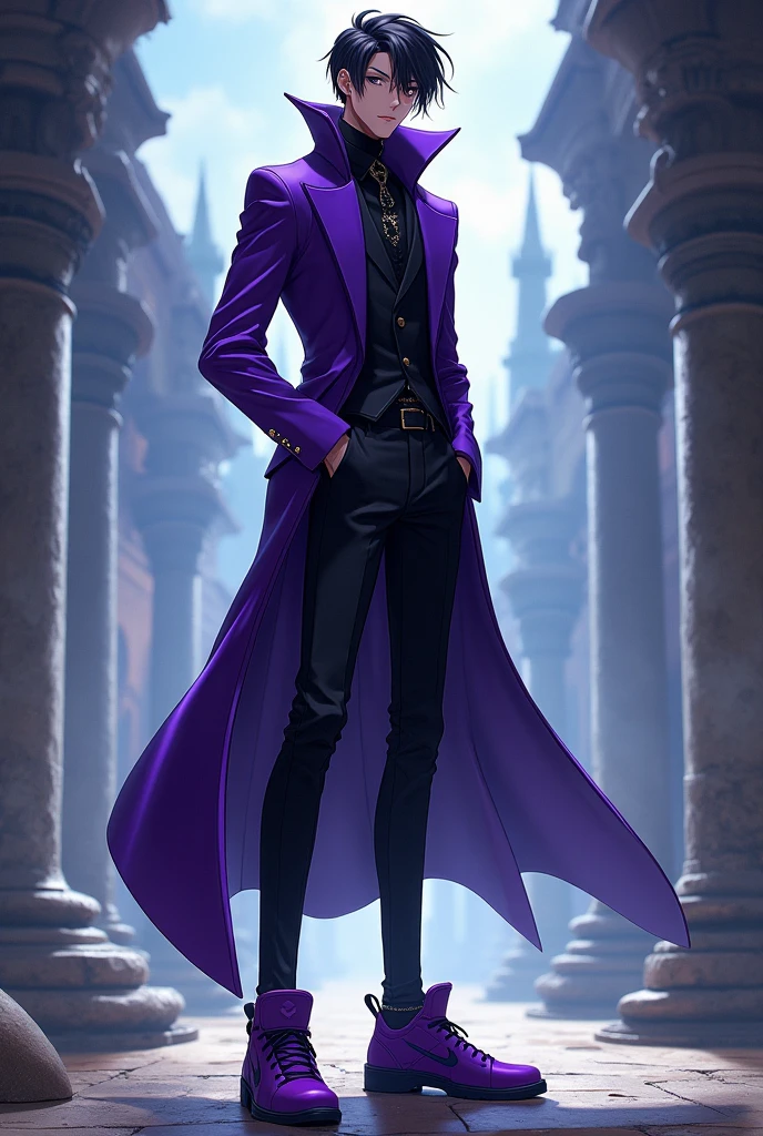 man character, RPG anime, purple coat, black pants, stylish purple sneakers