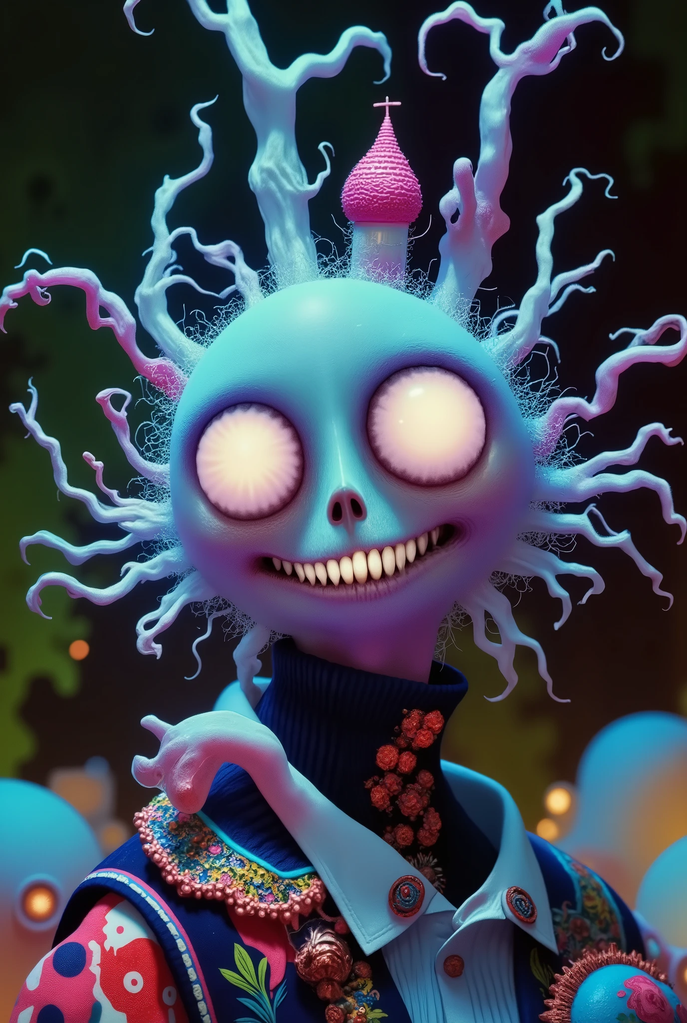 A joyful and vibrant spirit skeleton, radiating with bright colors, spreading happiness wherever it goes, intricate details, 3d render, dramatic shadows, neon colors, psychedelic, surreal, glowing, ethereal, whimsical, fantastical, hyper realistic, photorealistic, cinematic lighting, motion blur, cinematic lighting, chiaroscuro, 8k, UHD, retina, masterpiece, accurate, anatomically correct, textured skin, super detail, high details, high quality, award winning, best quality, highres, 1080P, HD, 16k