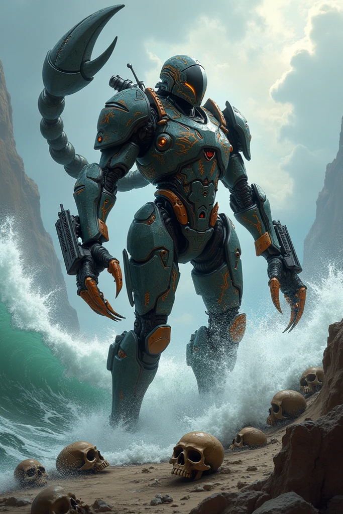 Create an image of a scorpion in a cyber warrior costume with weapons and skulls amidst waves of water and wind