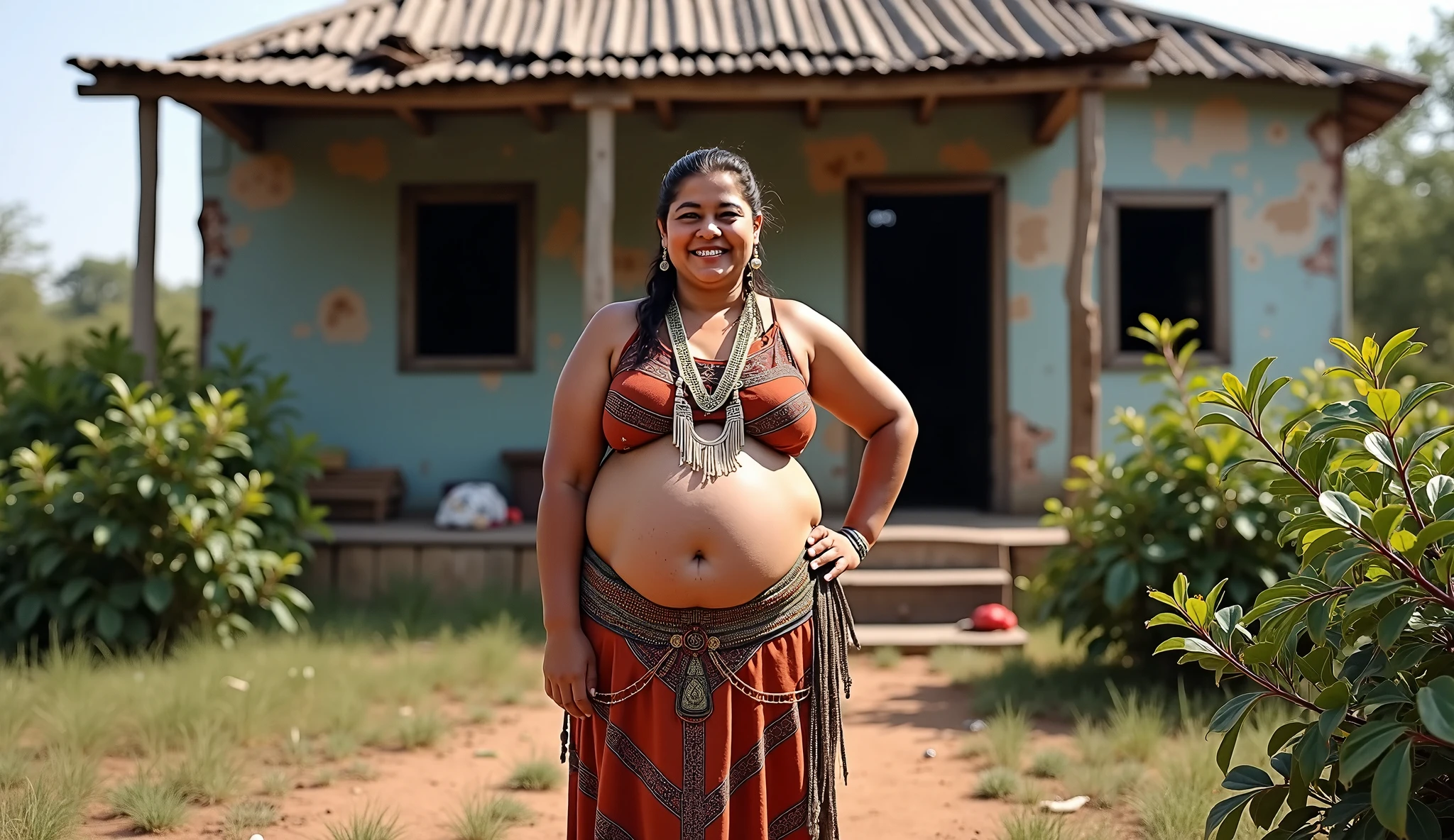 A pregnant Native American girl, busty, Eighteen, Bottom of the plains, tomahawk, Native American Clothing, whole body, Broad Hips, braids, new, voluptuous, smiling, Holding a hatchet, warpaint