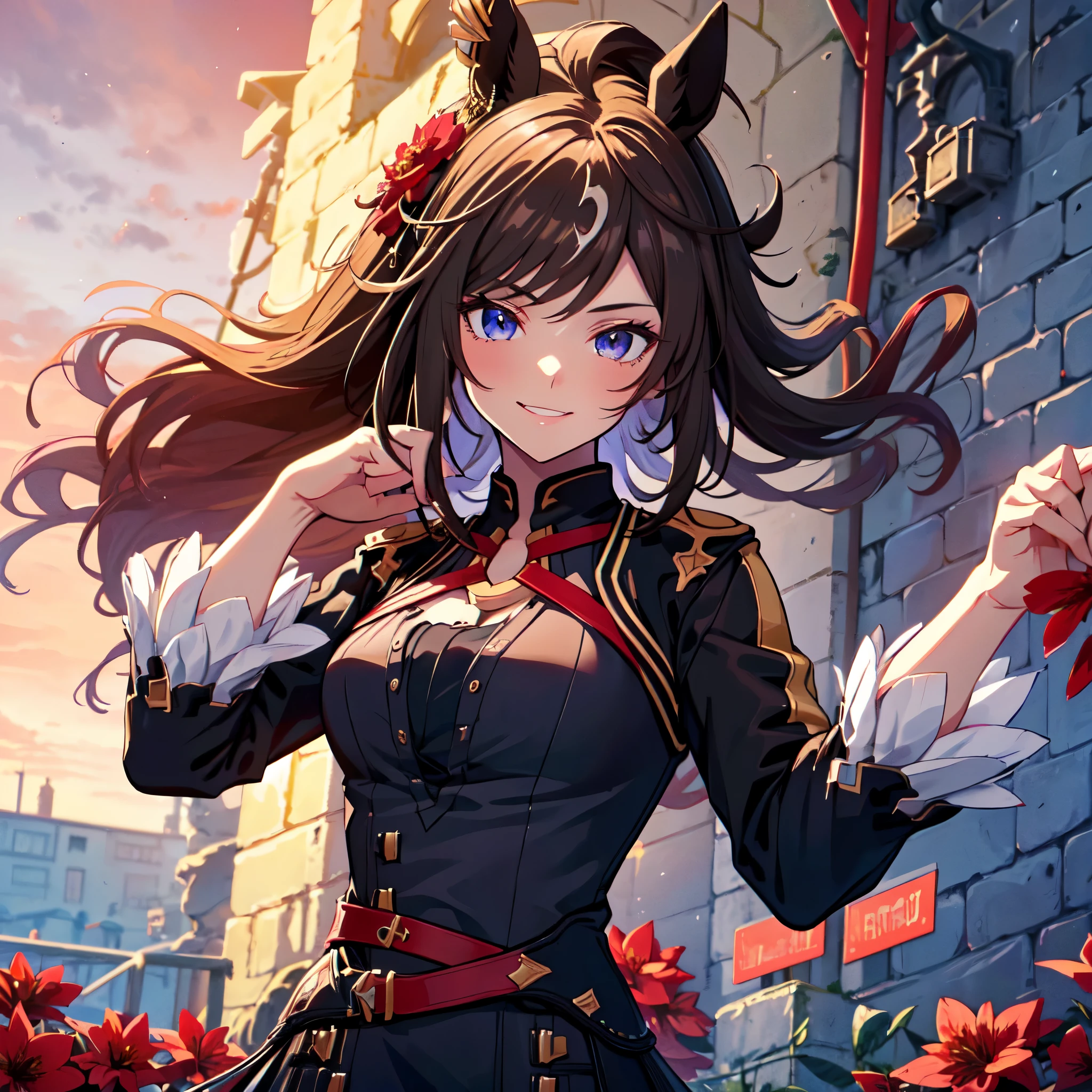 (Upper body close-up), ((Solo)), Horse ears, ((Idol costume)), (Arm folded pose), (Hairy smile), ((Red flowers, red sky, inside the castle walls)), Wind blows, (3D illustration, UHD, Retina, masterpiece, accurate, ultra detailed, high detail, high quality, award winning, best quality, high resolution, 16k,)