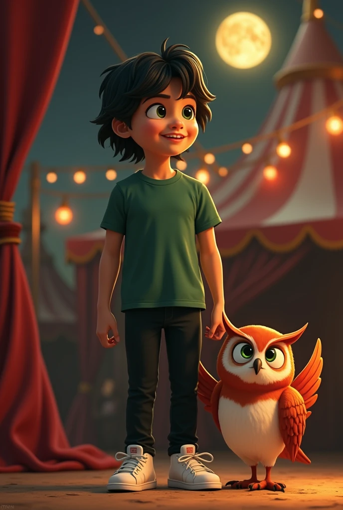 Red owl and a brown boy in a purple suit