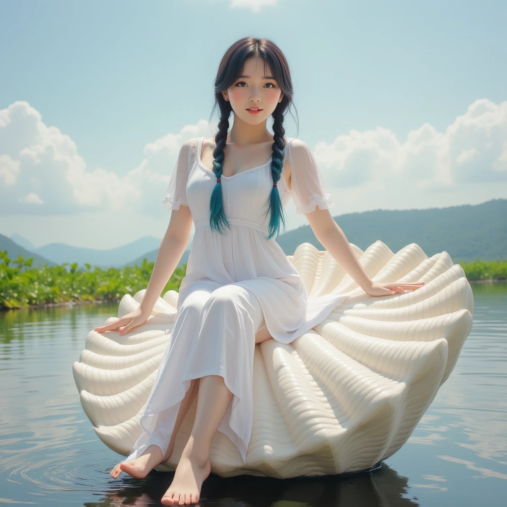  white ombre black hair in two braids ,  highlights Beautiful korean woman sitting on a giant conch of white color,  Barefoot white dress , background sawah padi subur, lots of snot , clear weather ,  Daylight and smiling  