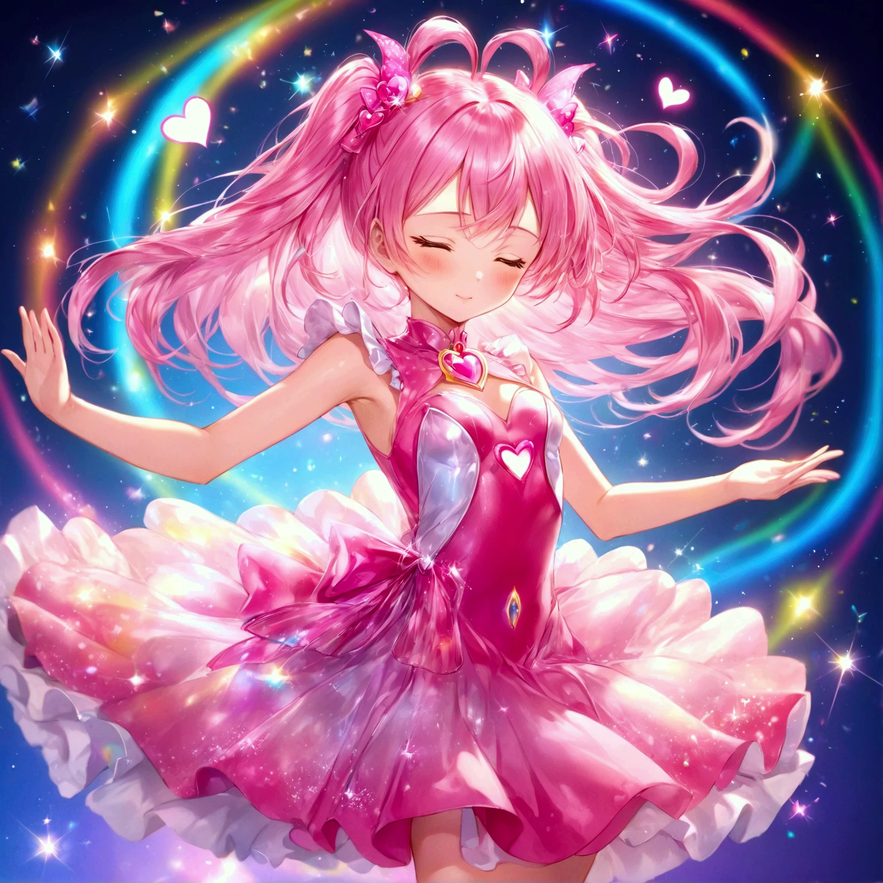 anime, ((Transformation scene)), mid-form,  1 girl ,  Pretty Cure,  Magical Girl, In the process of transformation,  while creating fine details, sleeveless, Magical Dress,  amorphous dress ,  in the process of forming fine details,  Heart Effect, Like dancing, pop magic glitter background , One-piece costume where the hair before transformation is transparent to the surrounding background , Dark shades, Liquid-like hair ,  Long Hair , no hair accessories, ( eyes closed),  biologically compliant , Magic Light, everything is ambiguous ,  contrary to the laws of physics ,  defies gravity 