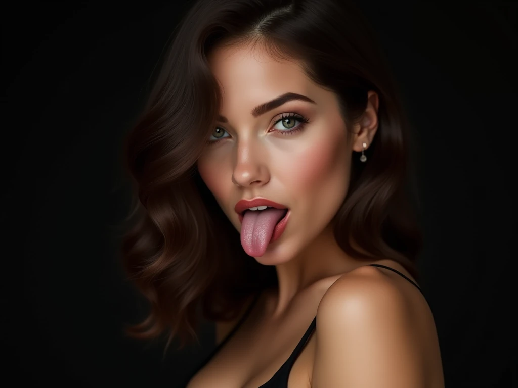 woman with big tits looking at the camera and sticking out her tongue with drool