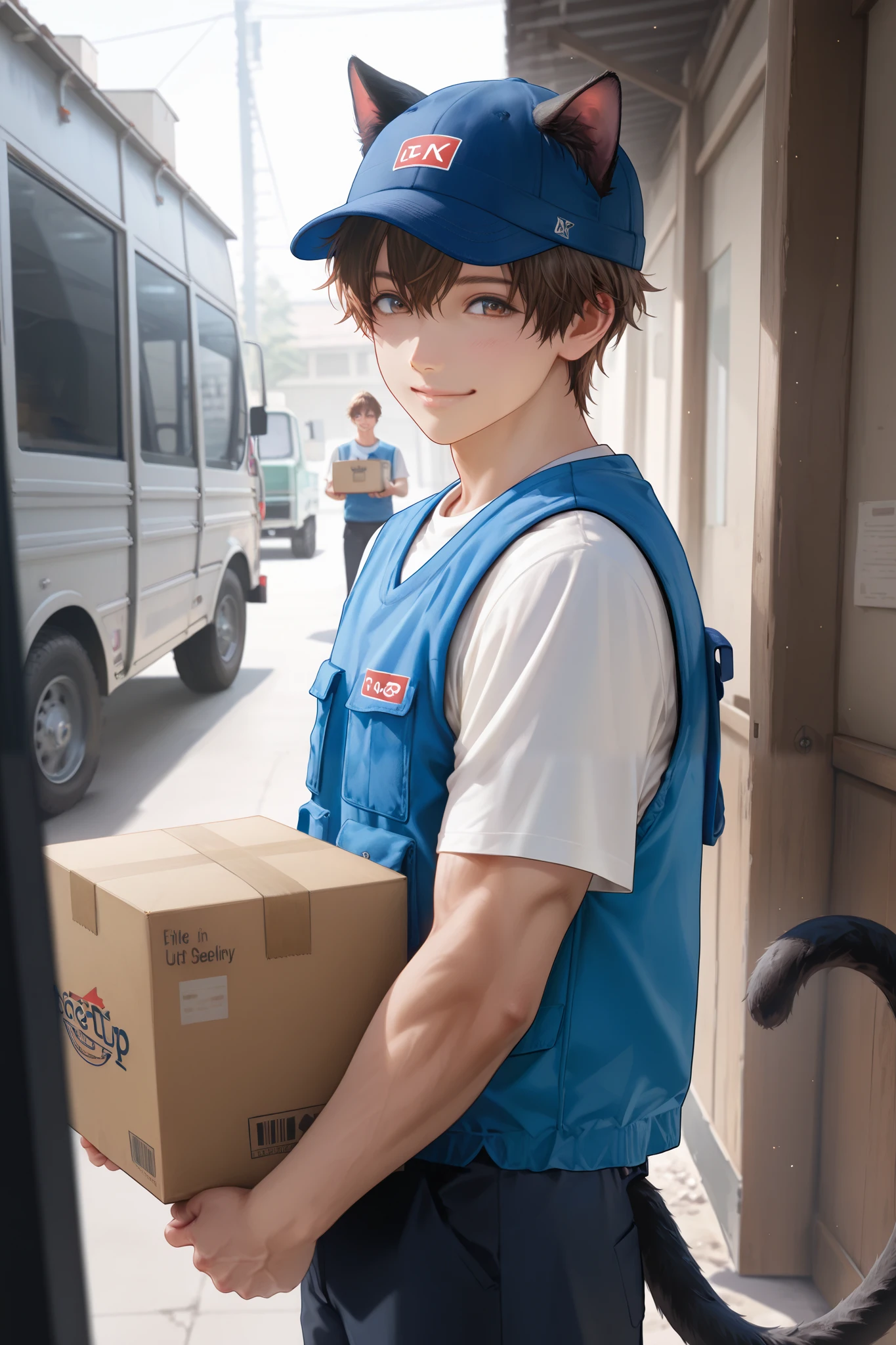 masterpiece, best quality, detailed eyes, semi realistic, 8k, man, white Y-shirts, blue vest, jean, holding box, wearing blue cap, delivery man, smile, nauhgty, toned, box truck background, short brown hair, orange eye, cat ears, cat tail, solo character
