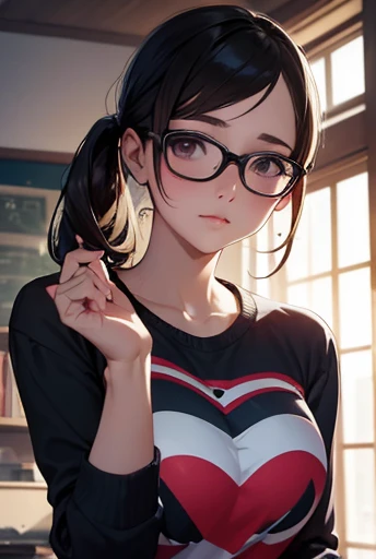 One lady,12year old,Sportsbra,Upper body portrait,A dark-haired,eye glasses,Braids,
