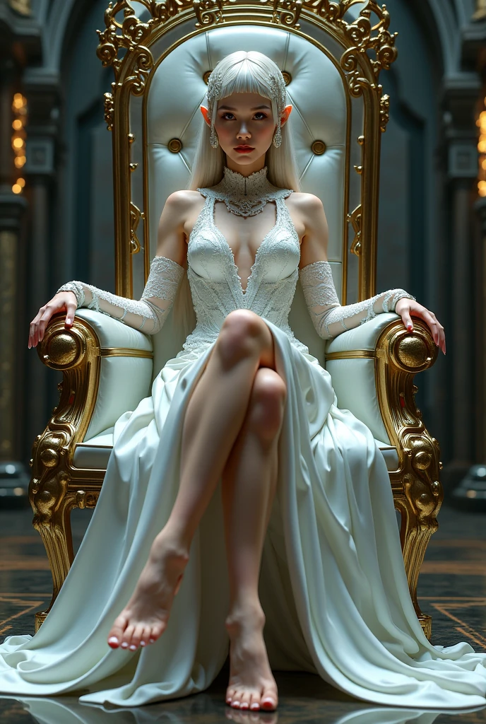 (Highly Detailed CG Unity 8K Wallpaper, masterpiece, Highest quality), (Exquisite lighting and shadows, A very dramatic picture, cinematic lens effects), a girl in a white costume, Silver grey hair color , Sitting on the couch, Dynamic pose), (Amazing details, Excellent lighting, Wide-angle), (Excellent rendering, Stand out in the same class), Costumes, Intricate spider texture