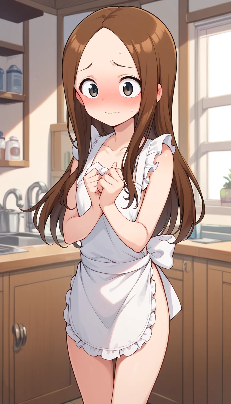 takagi-san, long hair, red face, embarrassed, Ashamed, Suspender Naked Apron