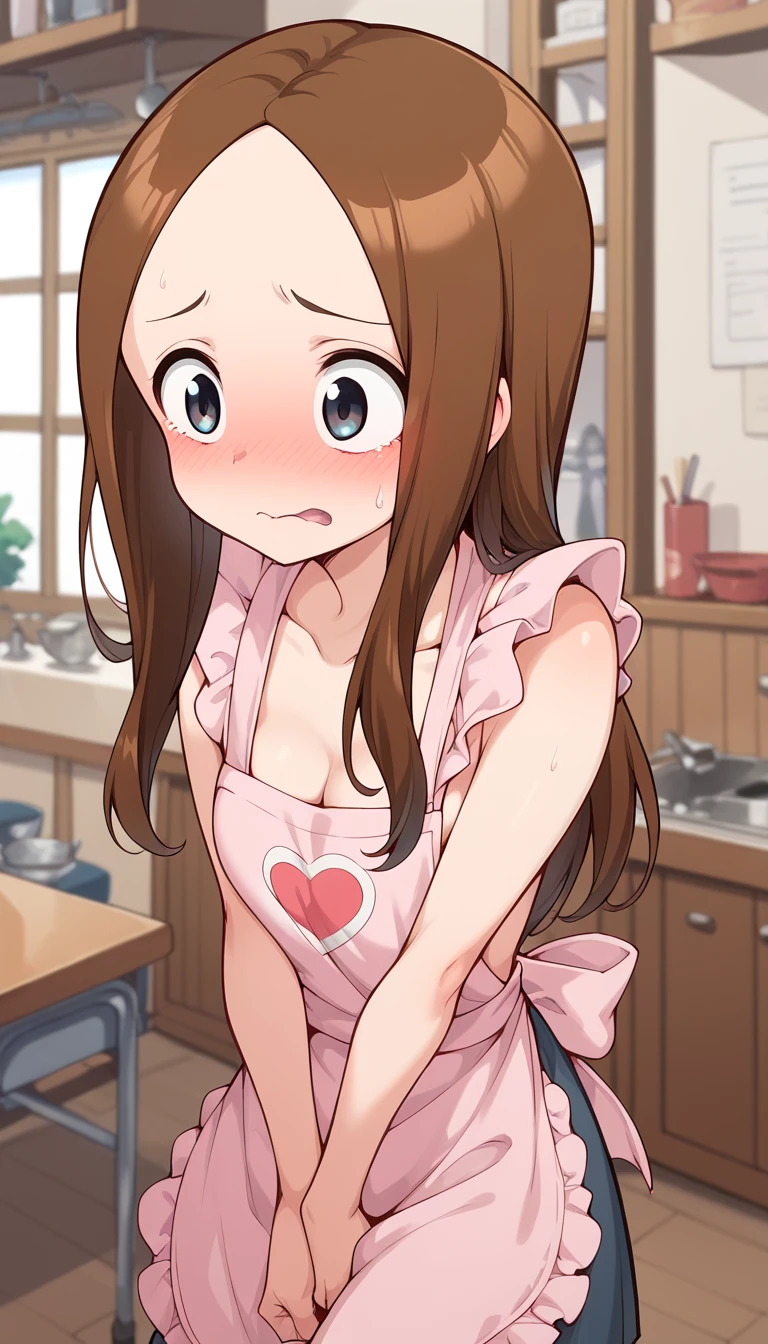 takagi-san, long hair, red face, embarrassed, Ashamed, Suspender Naked Apron