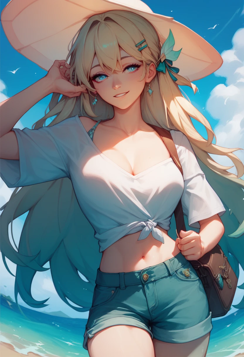 a woman with long whity blonde hair with cyan gradiant locks in down, cyan eyes, and a Green dragonfly hair clip, light smile, wearning a long White shirt and long shorts, is in a Beach at Sun day posing.