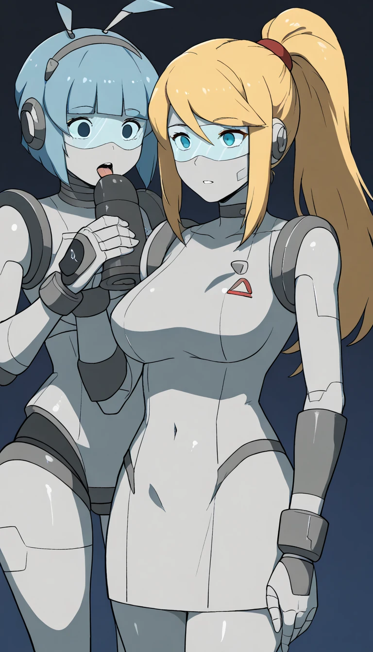 masterpiece, best quality, extremely detailed, (8K, 4K, Best Quality, hight resolution, 超A high resolution:1.1), ,8k portrait, Japaese android Girl,Plump , dark black leg cover,announcer,control panels,android,Droid,Mechanical Hand, Robot arms and legs, Blue Robot Parts,yellow ponytail,Mechanical body,Blunt bangs,perfect mechanical abdomen,blue robotics parts,perfect robot woman,future laboratory,cyber pank,charging spot,laboratory,long tube,thick cable connected her neck,blue ceramic body ,perfect mechanical body, blue robot body,lod antenna,mechanical ear cover,android,robot humanoid,black sponge joints,The removable cover is in the groin,The connection port is in the groin,opened chest panel,access panel on the chest,opened breast panel,perfect mechanical breast,perfect black machine body,perfect black android body,She has repaired,assembly plant,no human skin,visor,mistyrobot,samus aran,dress,malfunction,robot joint,doll joint,robotization,partial robotic,empty eyes,dress,android,approaching,extremely slender figure,more girls,fellatio,yuri,lesbian,licking pussy,ahegao