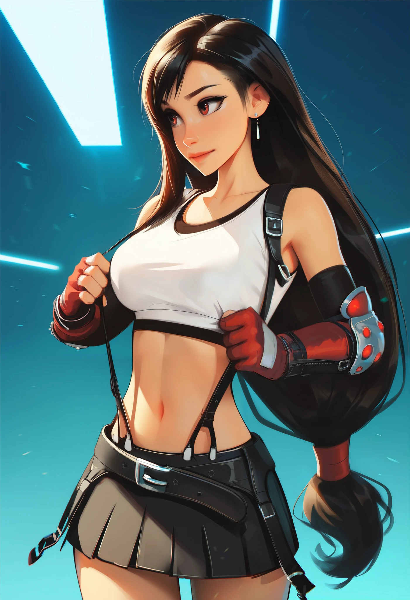 score_9, score_8_up, score_7_up, S4MY4NG, 1girl, tifa lockhart, elbow gloves, red gloves, skirt, belt, crop top, dark hair, brown hair, long hair, low-tied long hair, red eyes, suspenders, harness, elbow pads, blue background, blue lighting, chromatic aberration, cowboy shot, earring, midriff, rule of thirds, 4k, six pack (spot color:1.2)