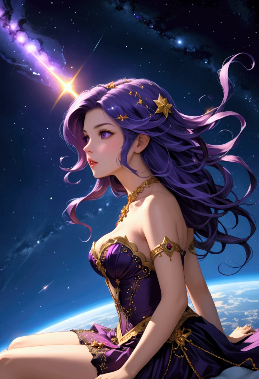 A italian girl, Best quality at best, (A smile brightened her face), close up, Background: Starry sky and zodiac signs, Purple hues like nebulae, Vast space, Award-Awarded, (high detal), Sharp, 8K, Popular topics on artstationh, iintricate, (Best quality at best,4K,8K,A high resolution,tmasterpiece:1.2),ultra - detailed,(actual,photoactual,photo-actual:1.37)