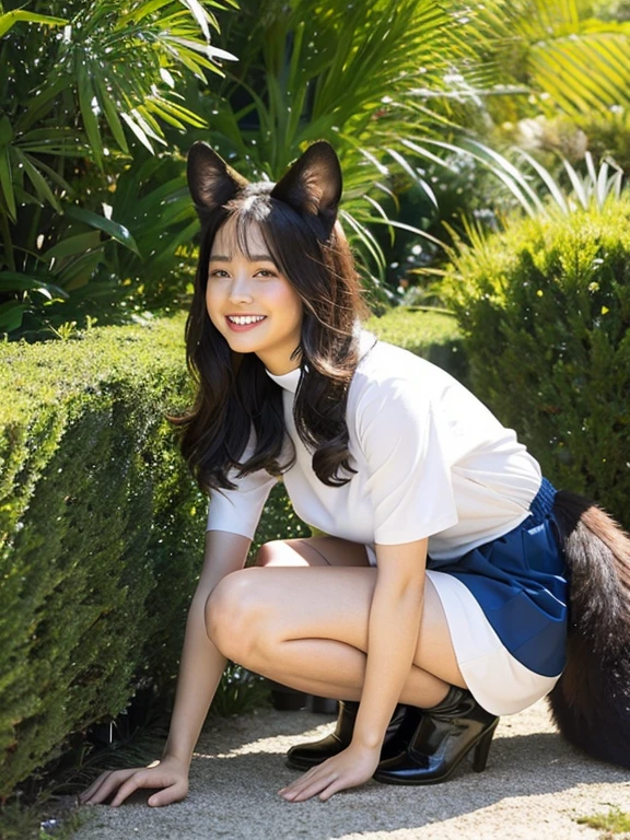 ((Highest quality, 8k)), ((masterpiece)), (Highest Resolution), Perfect Face, Fox Woman, Female college student, Beautiful woman, Outdoor, Only one tail, she has thick thighs, Her large tail, Her brown fox tail, She wags her tail, smile, Collar on Leash, She is wearing bloomers as part of her gym uniform., Plump Breasts, Beautiful Hips , Her fox tail sticks out from her bloomers, On all fours