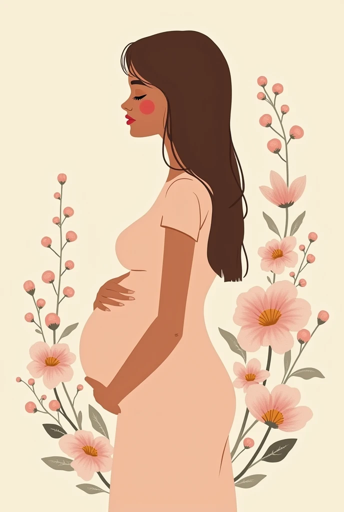 - **Femme brune enceinte de 7 mois** : Elle a les cheveux bruns, légèrement ondulés, et porte une tenue simple et confortable qui met en valeur sa grossesse. Elle est debout, avec une expression douce sur le visage.
- **Lapin blanc avec des taches noires** : Le lapin est petit et délicat, avec un pelage principalement blanc, mais parsemé de quelques taches noires distinctives. Il est blotti contre son bras droit, qui repose le long de son corps.
- **Laisse rouge attachée à un dalmatien** : Dans sa main gauche, elle tient une laisse rouge. À l'autre bout de la laisse se trouve un dalmatien, un chien de taille moyenne au pelage blanc couvert de taches noires, qui est assis ou debout calmement à côté d'elle.
- **Fond pastel** : Le fond est doux et flou, composé de teintes pastel comme le rose pâle, le bleu clair, ou encore le lavande, qui donnent à l'image une atmosphère apaisante et rêveuse.