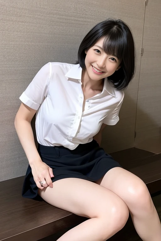 (High reality photograph, high resolusion, detailed face, detailed eyes), Japanese lady, 40 years old, various face expression, solo:1, skinny figure, medium breasts, emphasizing very thin waist, various hair style, Shirt, tight skirt, sitting on the grass in a park, full-body photo, alone in a photo
