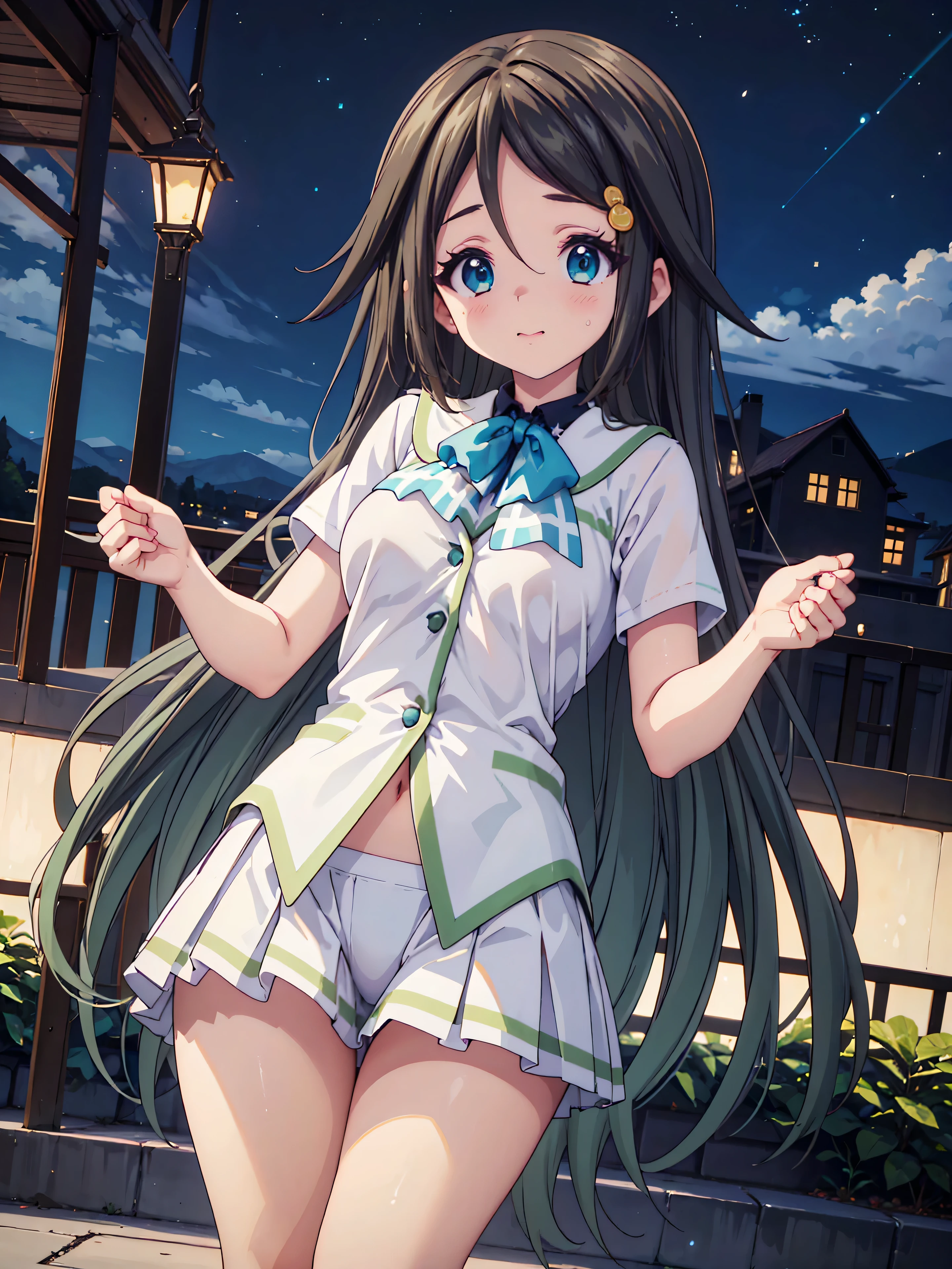 Highly detailed, high quality, masterpiece, beautiful, (all photo shooting), girl student girl, perfect eyes, light brown eyes, clear eyes, blushing face, happy face, big thighs, medium breast, long hair, turquoise hair, with headband, bow in hair, with green sailor suit, white short mini skirt, sexy, full panties show, background image on a night lawn