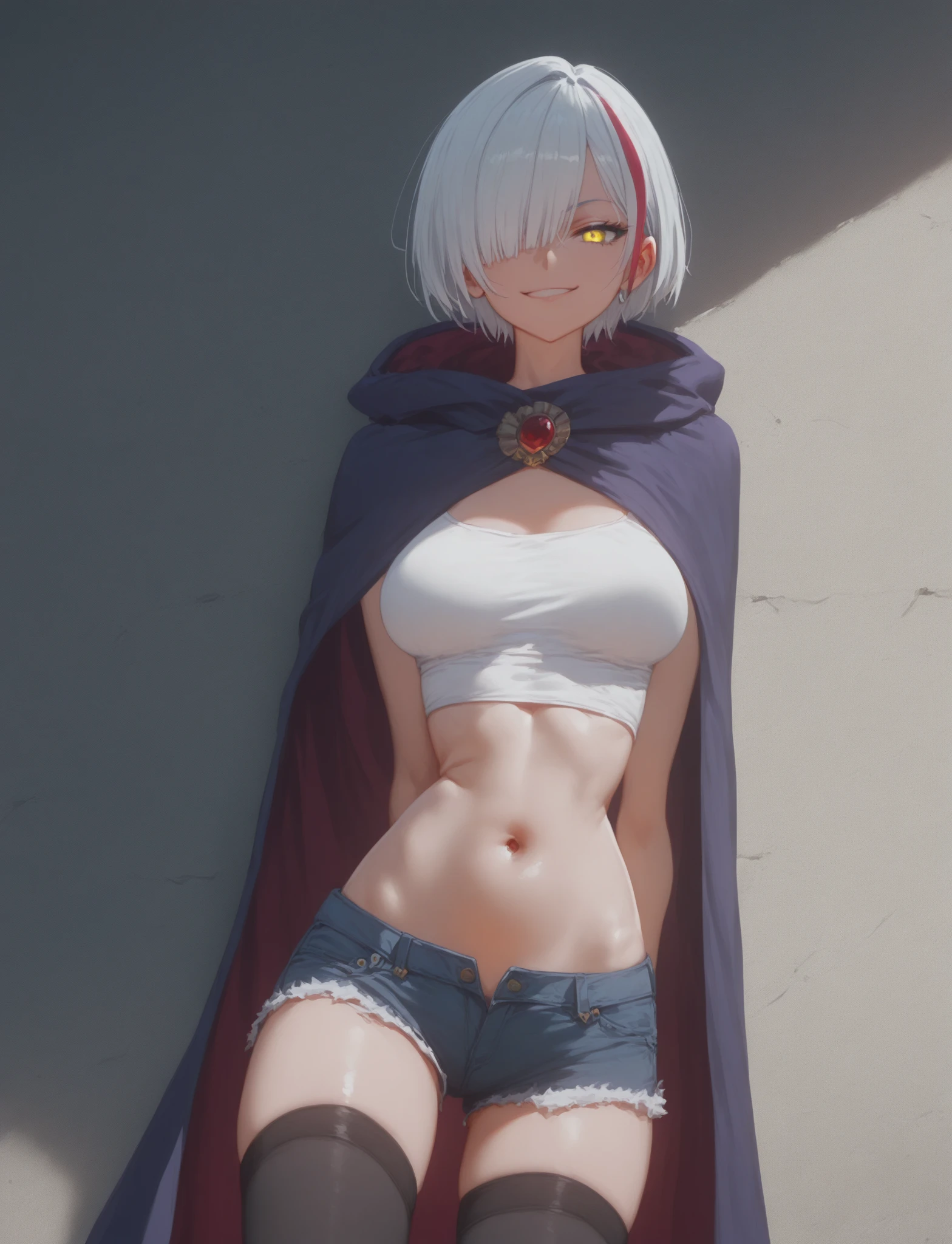 masterpiece, best quality, newest, absurdres, highres, anime screencap, 1girl, solo, sophia-bulga, short hair, multicolored hair, yellow eyes, streaked hair, white hair, hair over one eye, 
c0at, cape, thighhighs, shorts, Navel, leaning back, wall, 
looking at viewer, smirk, medium breasts,