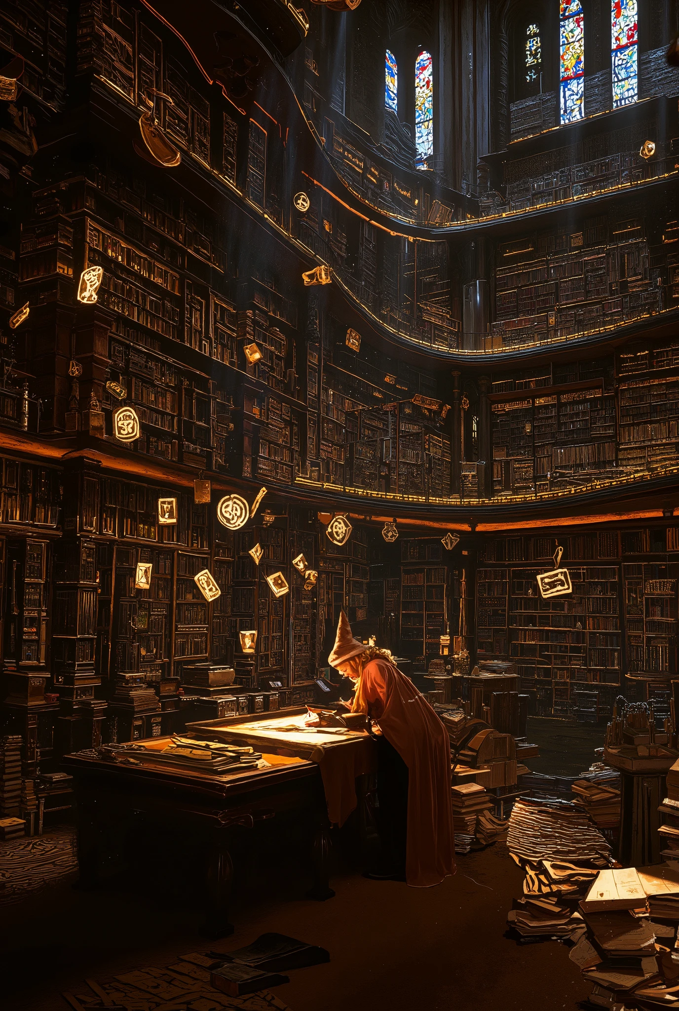 A breathtaking and enchanting scene set in a grand, magical library. The library’s architecture is awe-inspiring, featuring towering shelves that curve around the space, filled with countless books in every size and color. The intricate woodwork of the shelves and balconies reflects a timeless elegance, while soft, warm light streams in through massive stained-glass windows, casting colorful patterns across the room. Dust motes hang in the air, illuminated by the beams of light, enhancing the ethereal atmosphere. Floating papers and arcane symbols suspended in mid-air hint at the presence of magic and knowledge beyond comprehension.
In the foreground, a young beutifull sorceress sits at a large wooden table covered in scattered books, papers, and quills. She wears plain rich pink wizard robes. A matching pointed wizard’s hat sits atop her head. Her long, wavy blonde hair spills over her shoulders and down her back as she leans forward, engrossed in writing on a scroll with a quill pen. Her posture reflects deep concentration, as if she’s uncovering an ancient secret or crafting a powerful spell.
The composition places the character slightly off-center, emphasizing her small size compared to the towering shelves and vast space of the library, creating a sense of wonder and scale. The clutter of books and glowing arcane artifacts around her adds life and storytelling to the scene. The lighting draws attention to her figure while keeping the surrounding details rich and immersive, making this a masterpiece of magical storytelling