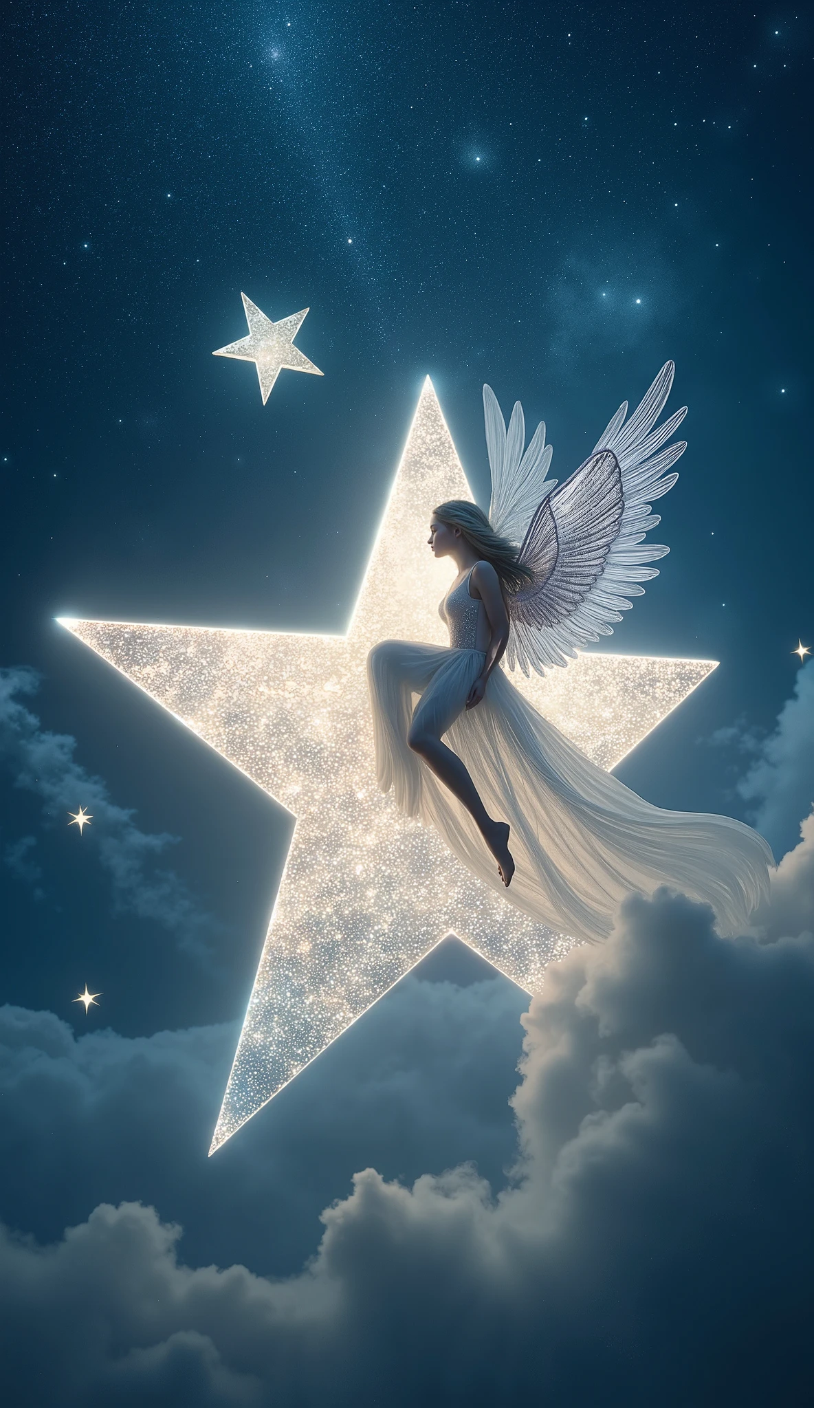 Fairytale angel riding a star