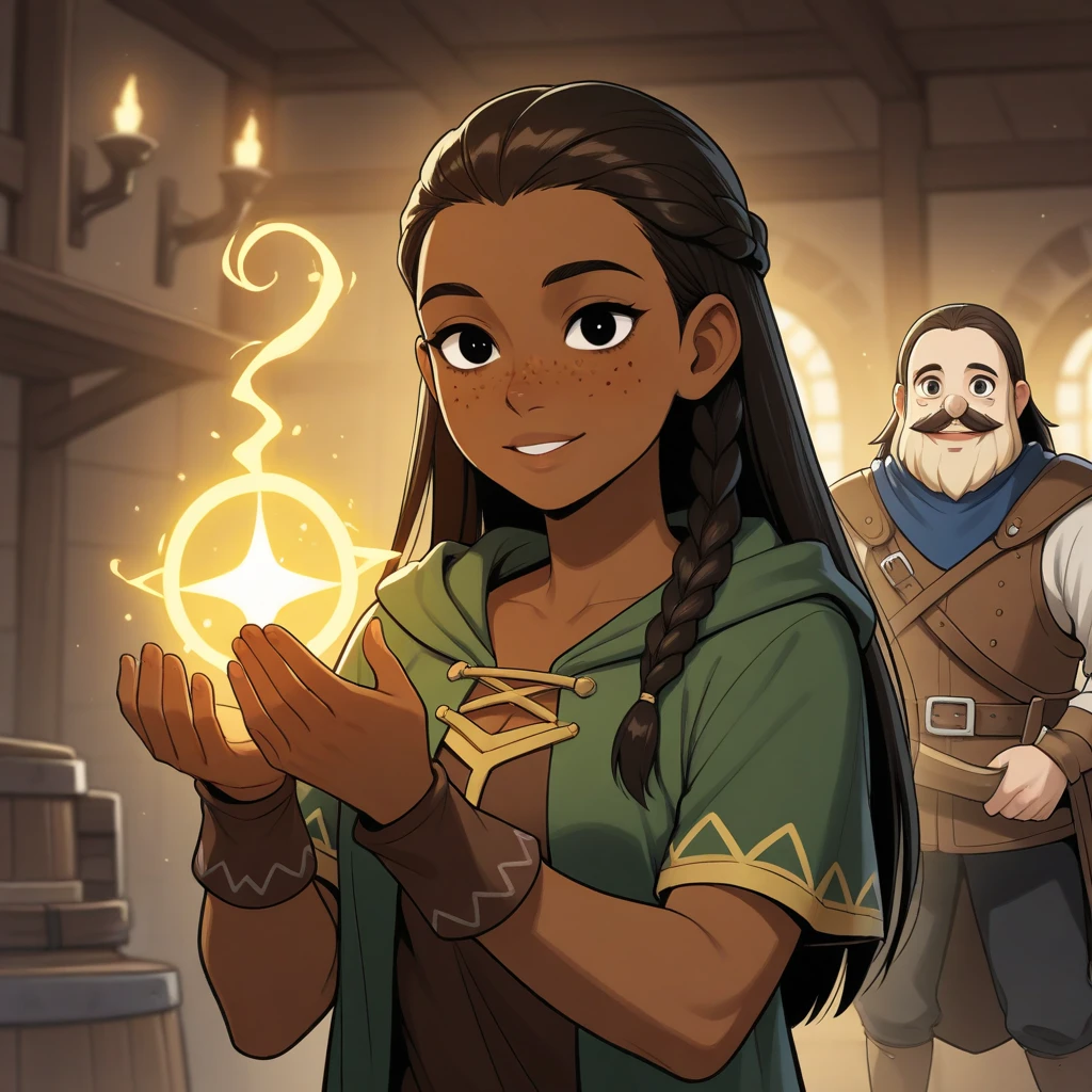 Man, D&D style, bard, brown skin, pitchblack hair, straight hair, half braided, dark eyes, magic freckles