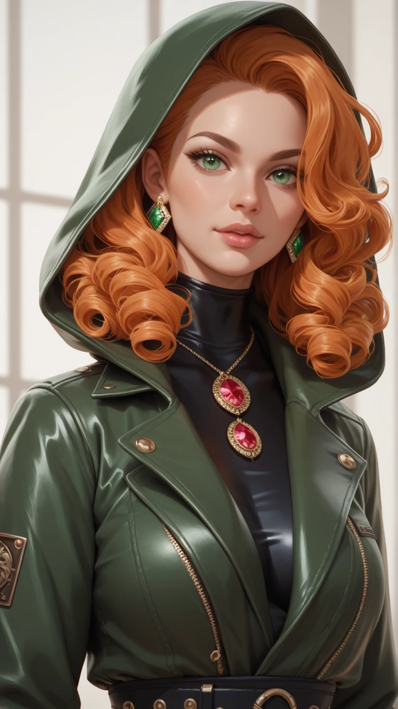 A tan woman with green eyes, and long curly orange hair wears tight black leather clothes, a long dark green trench coat with a hood, and wears a ninja mask. She holds two unique daggers with jewels on the hilts.