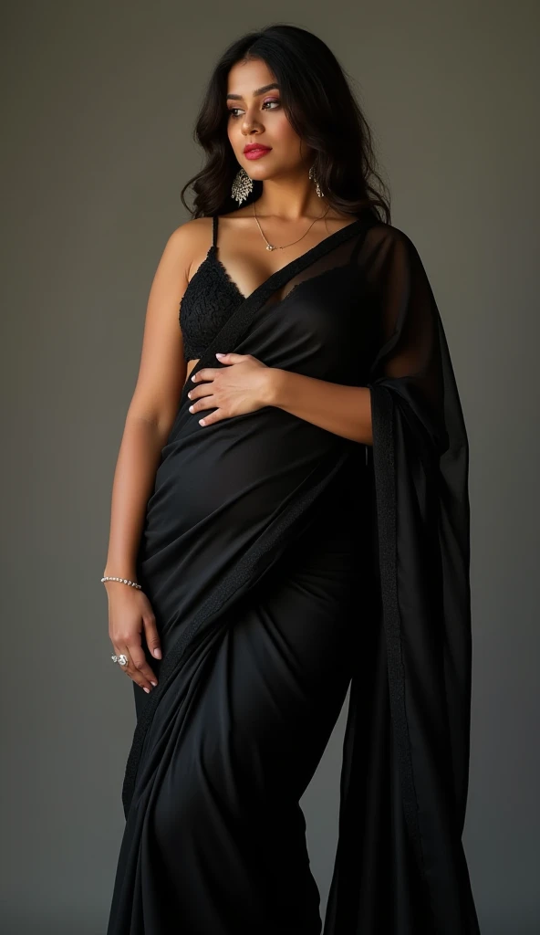 ( Black transparent Saree), (36,32,40),( No blouse no inner wear), ( mauni roy ), (Sindoor)