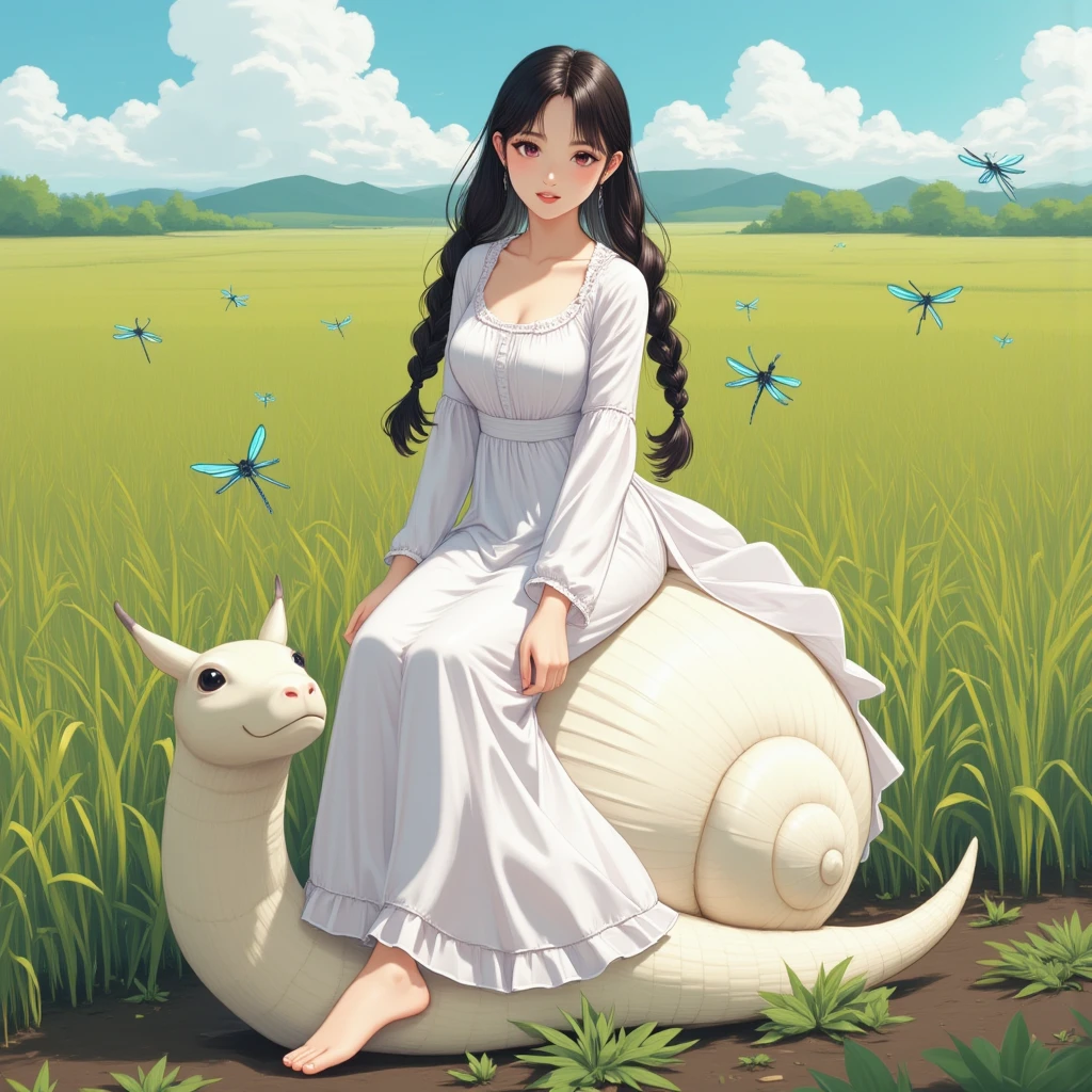 hair in ombre of black white color in two braids , Highlights Beautiful Korean woman Dress color white ,  sitting on a large Snail White giant barefoot,  background of lush rice field many dragonflies flying around , clear weather ,  Daylight and smiling  