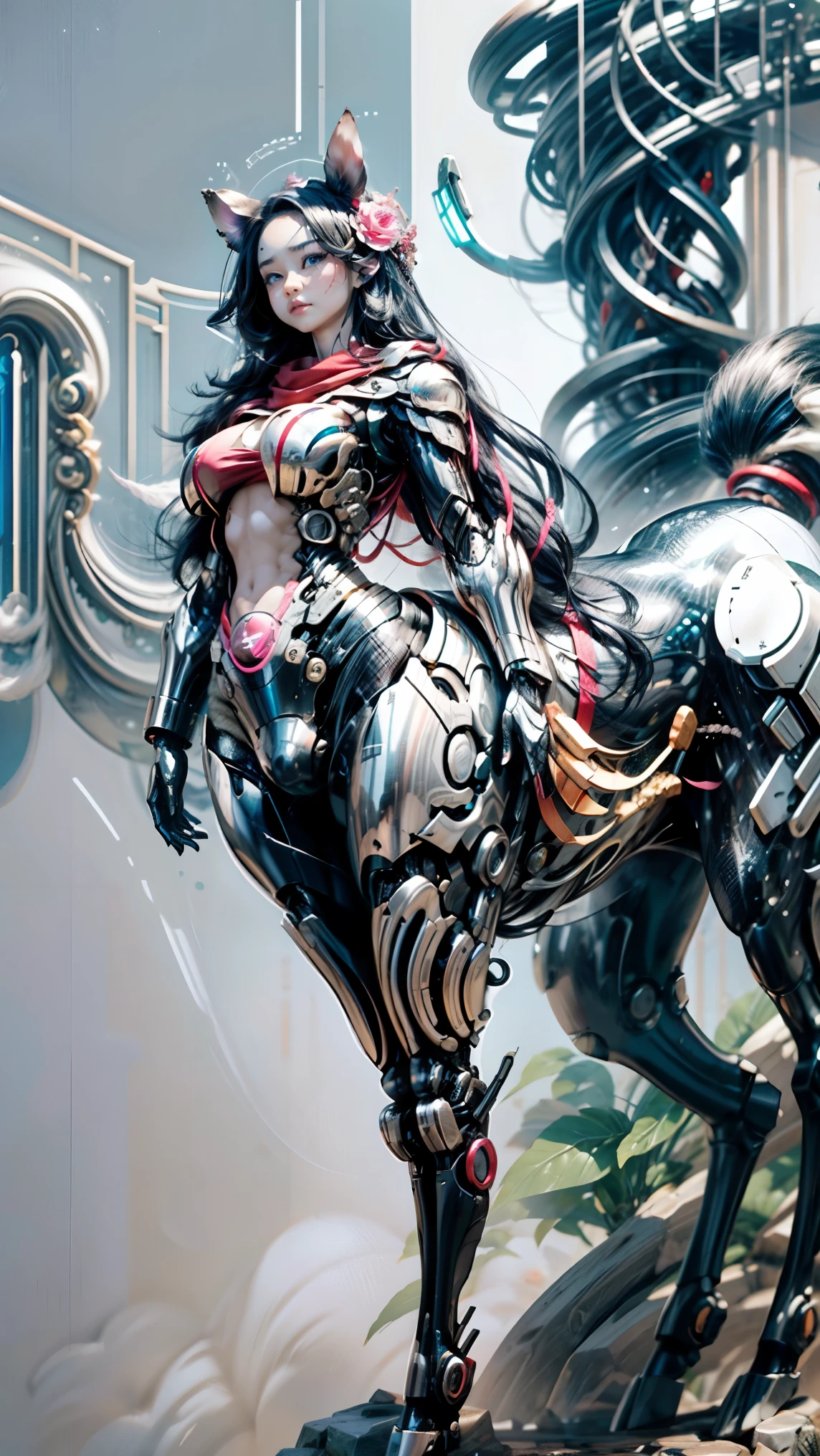 A female centaur,She is famous in the multiverse,She is both a female centaur, half human, half horse, half horse,It is also a female Yingzhao。She blends both images,The first is:((The head of the horse/neck/Shoulder these parts,Replaced with a beautiful female human upper body):9.9),of females are half-centaurs, half-horses, half-humans,The second is:((The head of the horse/neck/lower back/hason/gluteal/Shijo Thigh Female Embodiment):9.9),'s((Female half-horse with beautiful woman's):9.9,Chimer):9.9),(It's like a female human wearing a half-horse-like costume and making a seamless chimera:9.9),This chimerization is based on powerful futuristic technology。The ultra-wide-angle lens captures the image of her beautiful and ethereal wings on the ionosphere launching a super-high-speed charge and leaping。Her front half is distinctly feminine,Tall sexy body,possessed(K cup giant coconut tit chest:9.9),It has a small man's waist butterfly straddling(Long legs:9.9),The embedded interface of the half-horse part of the bent feminine state of the back half of the body is in the hip position。(The horse-shaped, half-horse torso form of her back body is completely female humanization9.9)。The chest cavity of a woman in the shape of a bent dog style embedded in the lower back position of the beautiful woman's body starting from the upper part of the sternum/lower back/Ventral transverse。Then there are the sexy beauty's upright hips,(Her entire body has been completely female and replaced by a female body:9.9),Including the half-horse part。Mechanized armor covers the legs with knee-shaped anti-joints and feet,And these parts are highly anthropomorphic,This makes her legs graceful and slender,Her four horse legs exploded in length proportions and was slender and toned,Under the legs are skinny white feet dressed in Skyscraper Heels,Use Midjourney's advanced stroke tools and color palettes, as well as texture packs, model packs, and texture tools,Concentration,Include all parts of her