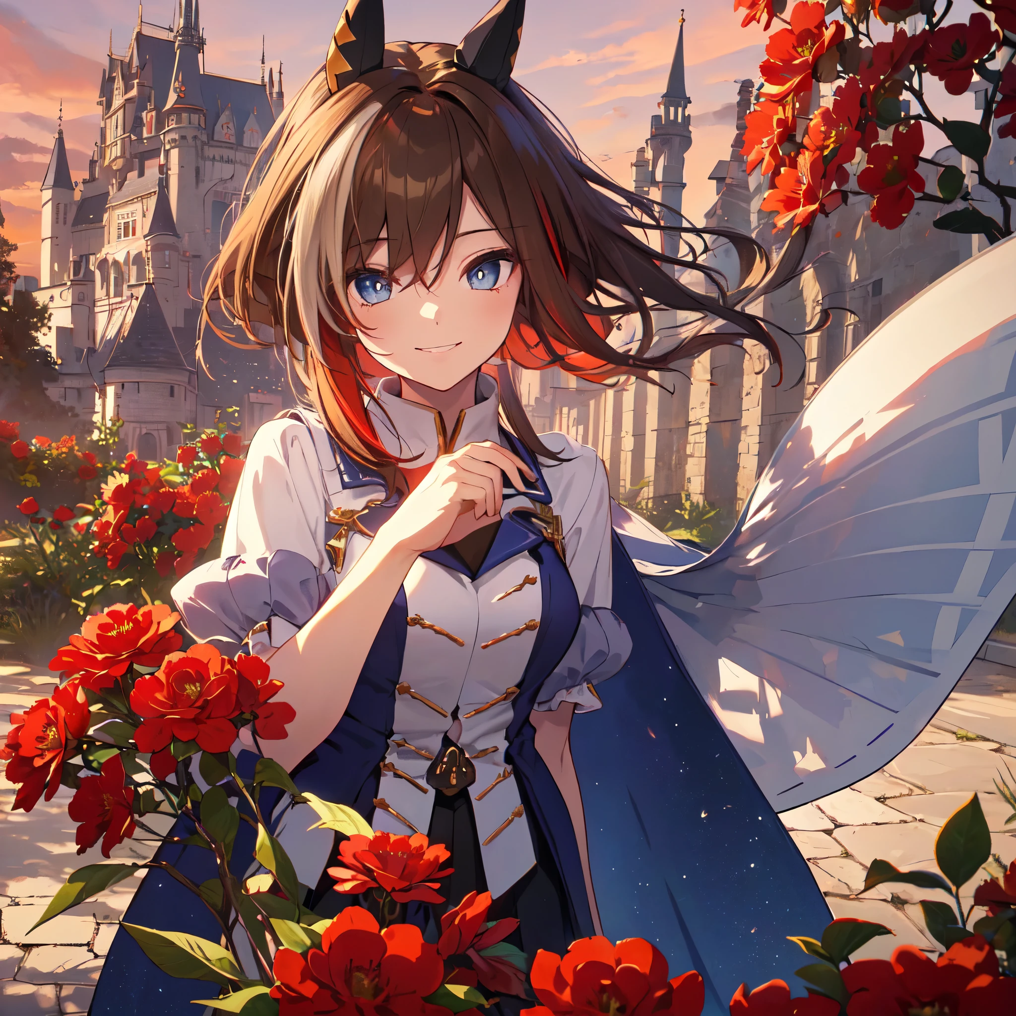 (Close-up of upper body), ((Solo)), (Horse ears), ((Idol costume)), (Arms crossed), (Provocative smile), ((Red flowers, red sky, inside the castle walls)), Wind blowing, (3D illustration, UHD, Retina, Masterpiece, Accurate, Ultra detailed, High detail, High quality, Award winning, Best quality, High resolution, 16k,)
