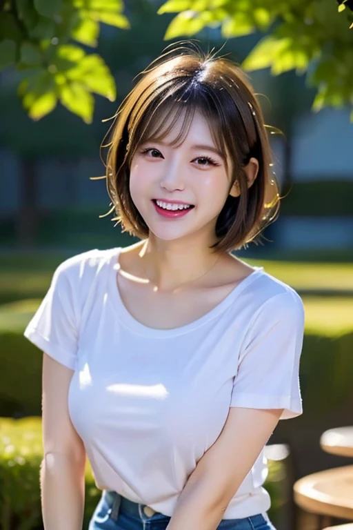 Background is white, Highest quality, shape, Very detailed, In detail, High resolution, 8k wallpaper, Perfect dynamic composition, Beautiful details, Natural Lip, Tight T-shirt, Big Breasts, Cleavage, she、smile, A masterpiece of the whole body, Side Short