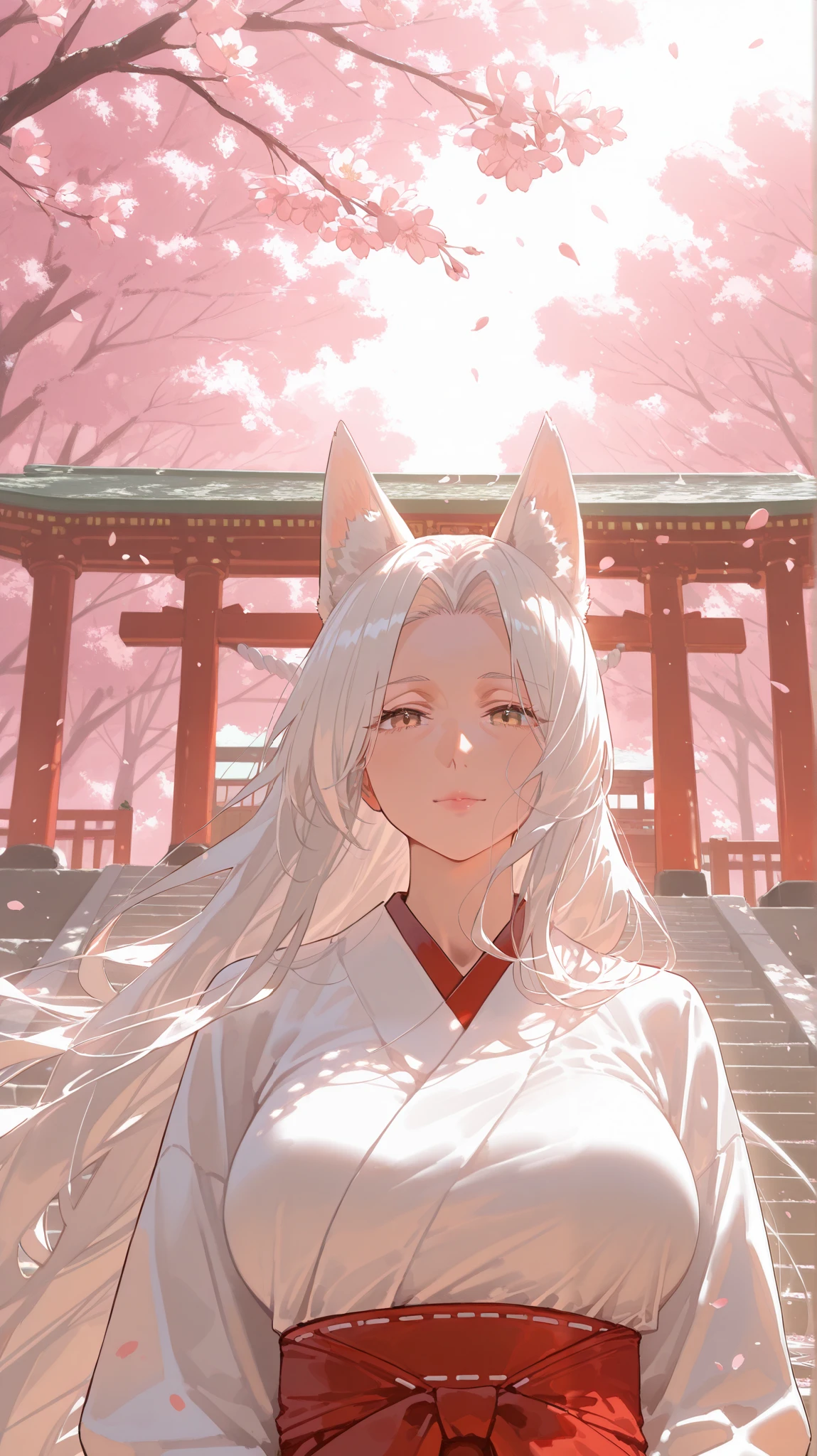 1 woman, white hair, scattered hair ,sight,landscape,Cherry blossoms, falling petals , Sun beam ,God's Ray,Upper body, color,dress,miko, 4k wallpaper, Japanese shrine,fox ears, mature,옆모습, looking at viewer, milf