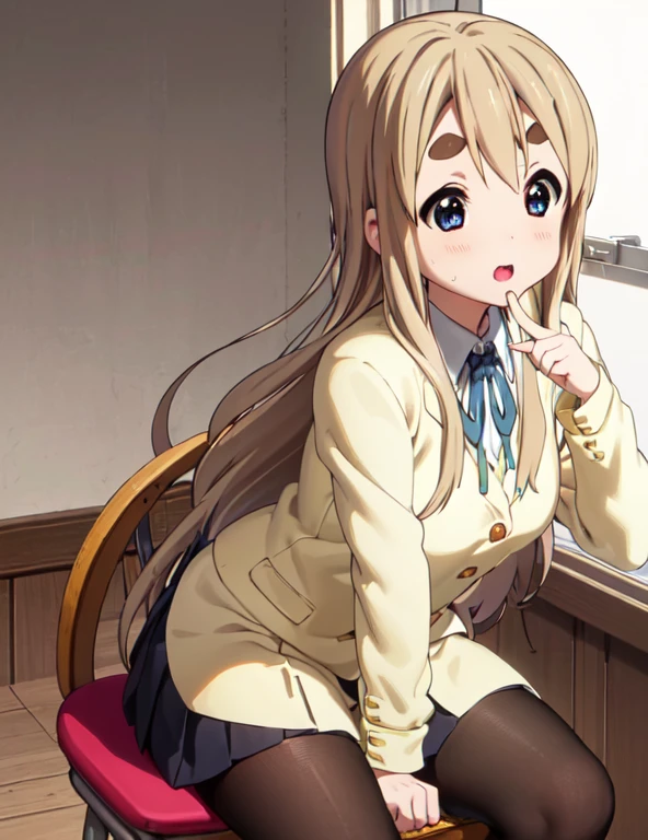 Tsumugi Kotobuki 、 tea hair、 yellow hairpins、 yellow hair band(masterpiece、 beautiful、 High Resolution 、CG、8k、16k、 best quality 、 High Resolution 、Finger fineness 、Fineness of hands 、feetの細かさ、 fineness of eyes :1.5)、 from side、 panty focus 、 1 girl、One person、(During class、classroom、School、 School chair :1.5)、( School chair に座る、椅子にfeetを伸ばす:1.2)、( school uniform、 white shirt、 blazer、ribbon、 black tights、Pleated skirt、 black skirt:1.2)、( white panties:1.2)、Big Breasts、Sitting、( leaning back 、 lean against the back of the chair 、 reclining :1.1)、(feet:1.2)、feet上げ、( puts his knee on his chest:1.1)、( female orgasm 、Pussy juice:1.3)、( trembling:1.4)、(Panting、 is intense)Breathe、 blushing :1.5)、(Impatience 1 .1)、panic、