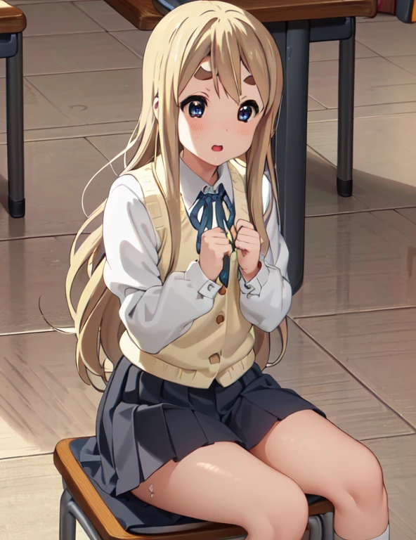 Tsumugi Kotobuki 、 tea hair、 yellow hairpins、 yellow hair band(masterpiece、 beautiful、 High Resolution 、CG、8k、16k、 best quality 、 High Resolution 、Finger fineness 、Fineness of hands 、feetの細かさ、 fineness of eyes :1.5)、 from side、 panty focus 、 1 girl、One person、(During class、classroom、School、 School chair :1.5)、( School chair に座る、椅子にfeetを伸ばす:1.2)、( school uniform、 white shirt、 blazer、ribbon、 black tights、Pleated skirt、 black skirt:1.2)、( white panties:1.2)、Big Breasts、Sitting、( leaning back 、 lean against the back of the chair 、 reclining :1.1)、(feet:1.2)、feet上げ、( puts his knee on his chest:1.1)、( female orgasm 、Pussy juice:1.3)、( trembling:1.4)、(Panting、 is intense)Breathe、 blushing :1.5)、(Impatience 1 .1)、panic、