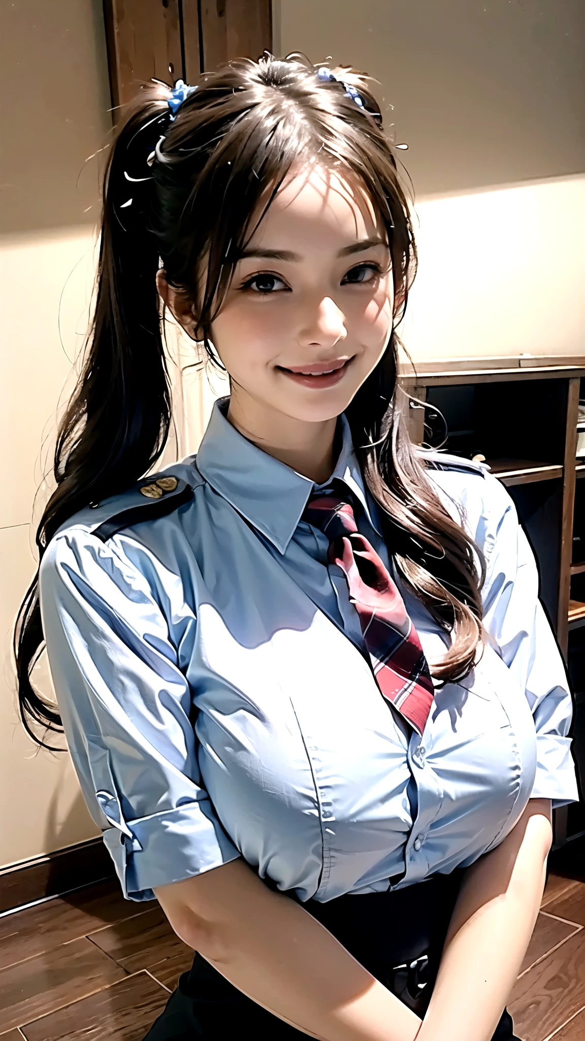 (Masterpiece, best quality :1.2), ((realistic:1.2)),((Upper Body)), ((Natural huge breasts)),Cowboy Shooting , Alone, 1 GIRL, Alicia Melchiot, smile, stare at viewers, and my arms are crossed, Twin Tails, headdress, uniform, ties, thigh-length socks