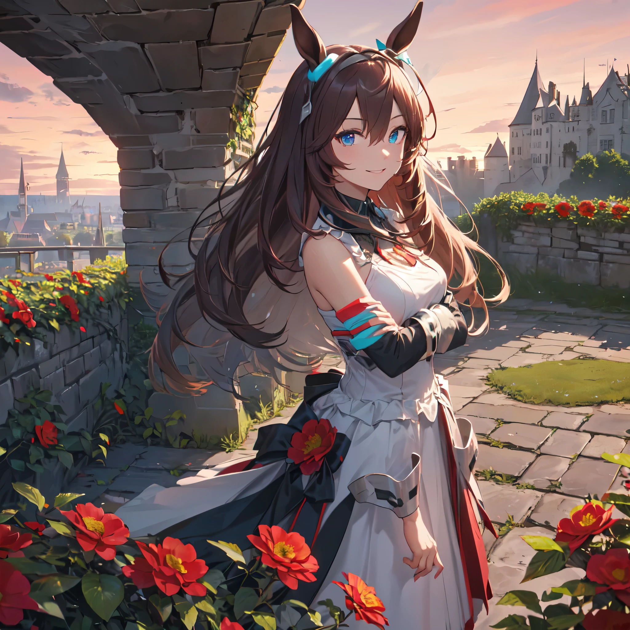 (Close-up of upper body), ((Solo)), (Horse ears), ((Idol costume)), (Arms crossed), ( smile), ((Red flowers, red sky, inside the castle walls)), Wind blowing, (3D illustration, UHD, Retina, Masterpiece, Accurate, Ultra detailed, High detail, High quality, Award winning, Best quality, High resolution, 16k,)