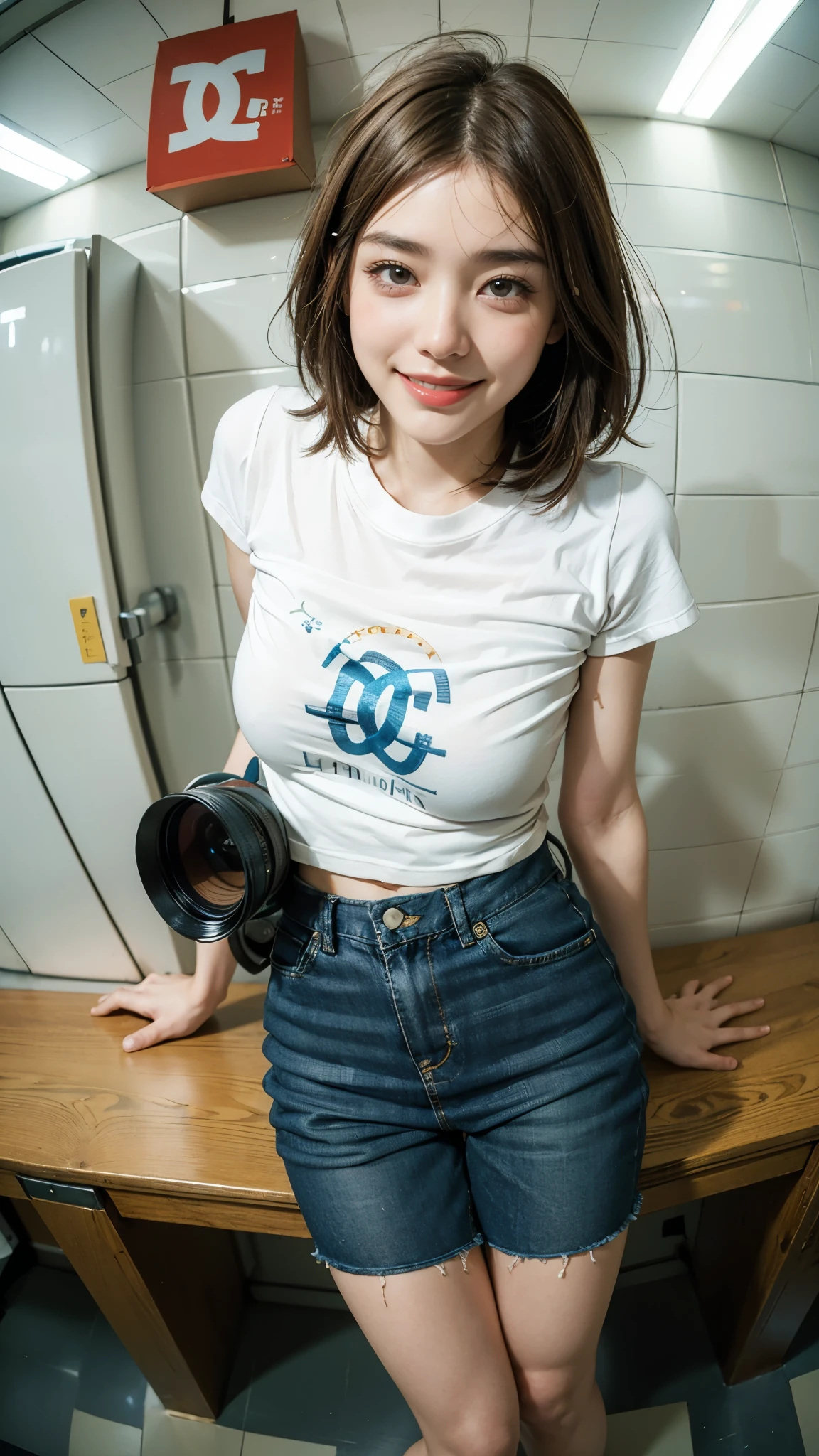  ROOM WITH BED，1 person，Big Breasts，A beautiful woman in her 30s with big breasts and plump underwear、  short hair、 bangs catch my eye，cute、Japanese)big 、 black、  string panties ，Bed in，  sweated ，balayage ombre hair,  1 girl, cute顔,  happy , sweater,  holding camera 