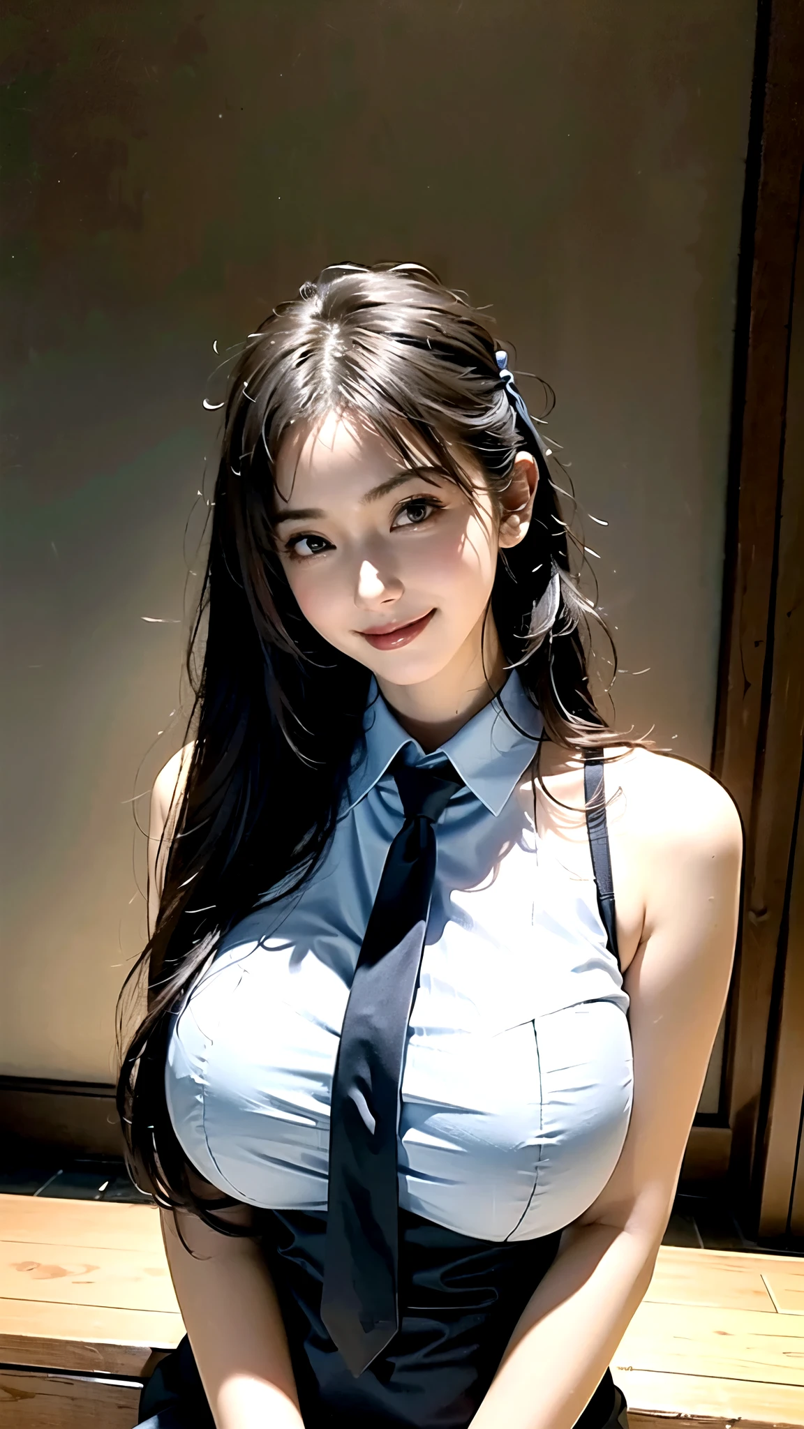 (Masterpiece, best quality :1.2), ((realistic:1.2)),((Upper Body)), ((Natural huge breasts)),Cowboy Shooting , Alone, 1 GIRL, Alicia Melchiot, smile, stare at viewers, and my arms are crossed, Twin Tails, headdress, uniform, ties, thigh-length socks