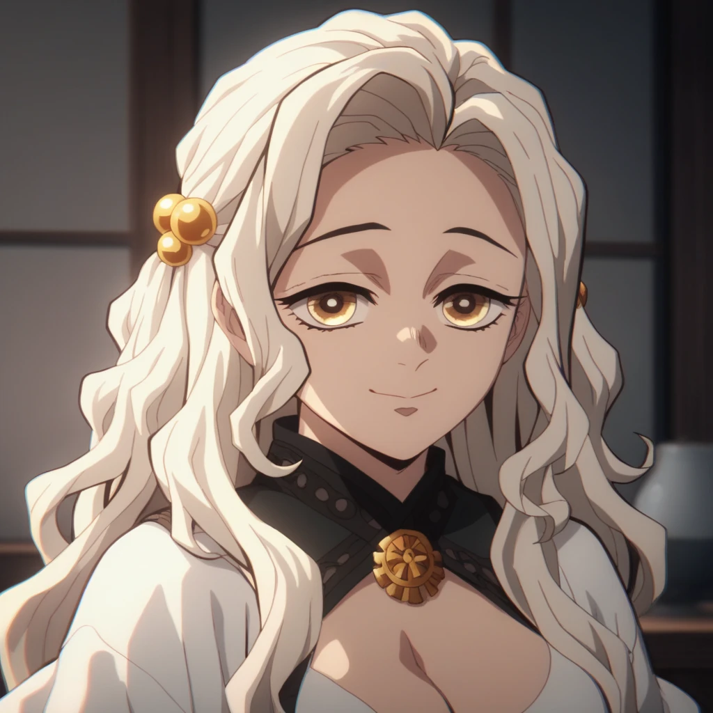 Anime screencap, Season 4 Ufotable studio, face close up, girl with platinum blonde ombre hair and rose gold eyes, pink and blonde ombre hair, pink tips of hair, gentle smile, long hair, extremely long hair, unstyled hair, wavy hair, large breasts, cleavage, round downturned eyes, looking at viewer