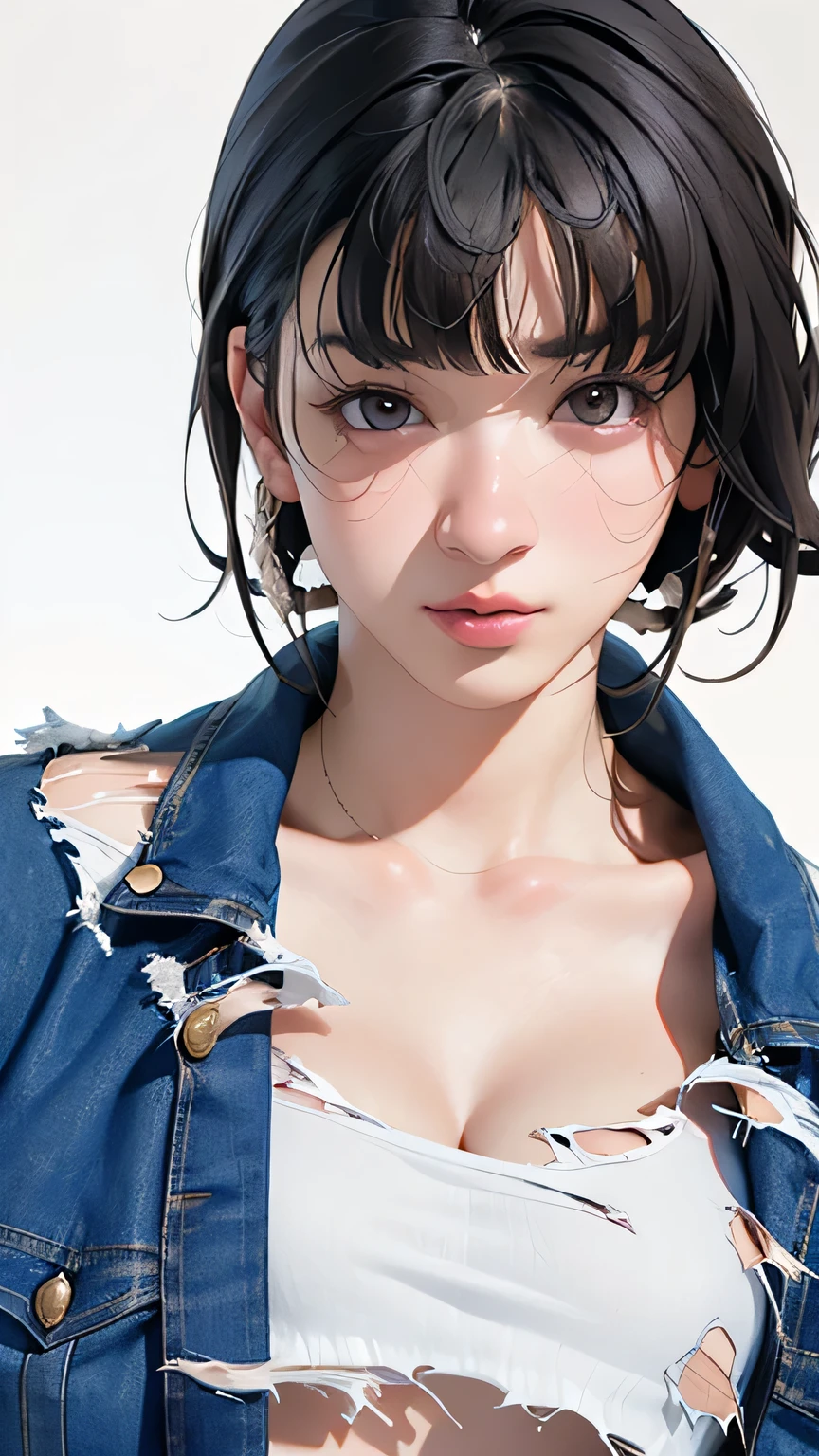 (in 8K、RAW shooting、 best quality 、Masseter region:1.2)、 ultra detail、 ultra high definition、(  realistic 、  realistic  photos:1.37)、 portrait、 high resolution RAW color photos 、 Pro Pictures、h very detailed and beautiful、 very detailed、8k portrait wallpaper、 extremely detailed、 has a large file size、 Official Art、H very detailed CG Unity 8K wallpapers、h very detailed beautiful girl、 very detailed顔、 very detailed目、 Very detailed skin、 very detailed指、h very detailed nose、 very detailed口、 Complete anatomy、 detailed background、Detailed clothing、 1 Girl、(20:1.2)、20th generation、 cute、  realistic  body、、 white skin、 growing skin to interact with the audience、 slim body 、 dark-haired、(( short hair))、( Trimmed Bangs: 1.5)、((Solid B-cup breasts))、(( Exposed Breasts ))、(( torn clothes :1.5))、