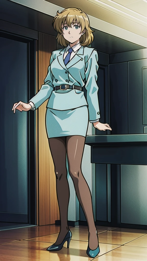 1girl, solo, standing, beautiful woman, detailed face, milf, office lady ((grey business suit,pants, red tie, red high heels)), large breasts, wide hips, curvy, thick thighs, (bob cut, black hair, blunt bangs, short hair), glasses, lipstick, ((wetting self, peeing self, pee stains, puddle)), full body, ((looking down, blushing, embarassed expression, clenching teeth)) seen from below, dutch angle