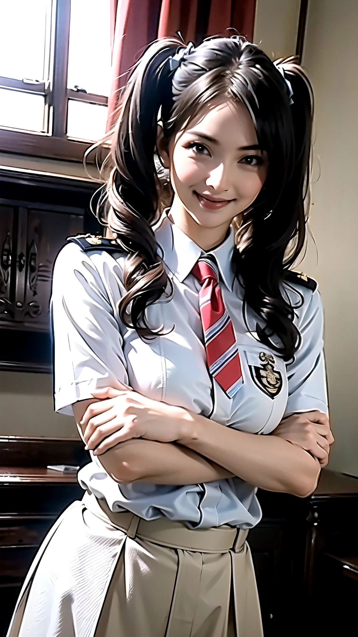 (Masterpiece,  best quality :1.2), ((realistic:1.2)),((Upper Body)), Cowboy Shooting , Alone,  1 GIRL,  Alicia Melchiot, smile,  stare at viewers,  and my arms are crossed,  Twin Tails,  headdress, uniform,  ties,  thigh-length socks